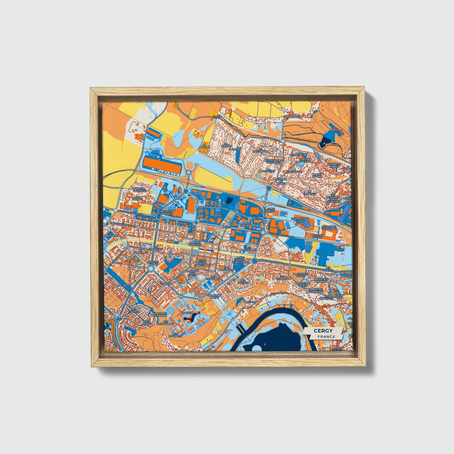 Cergy France Colorful City Map Canvas Print • Natural Wooden Framed