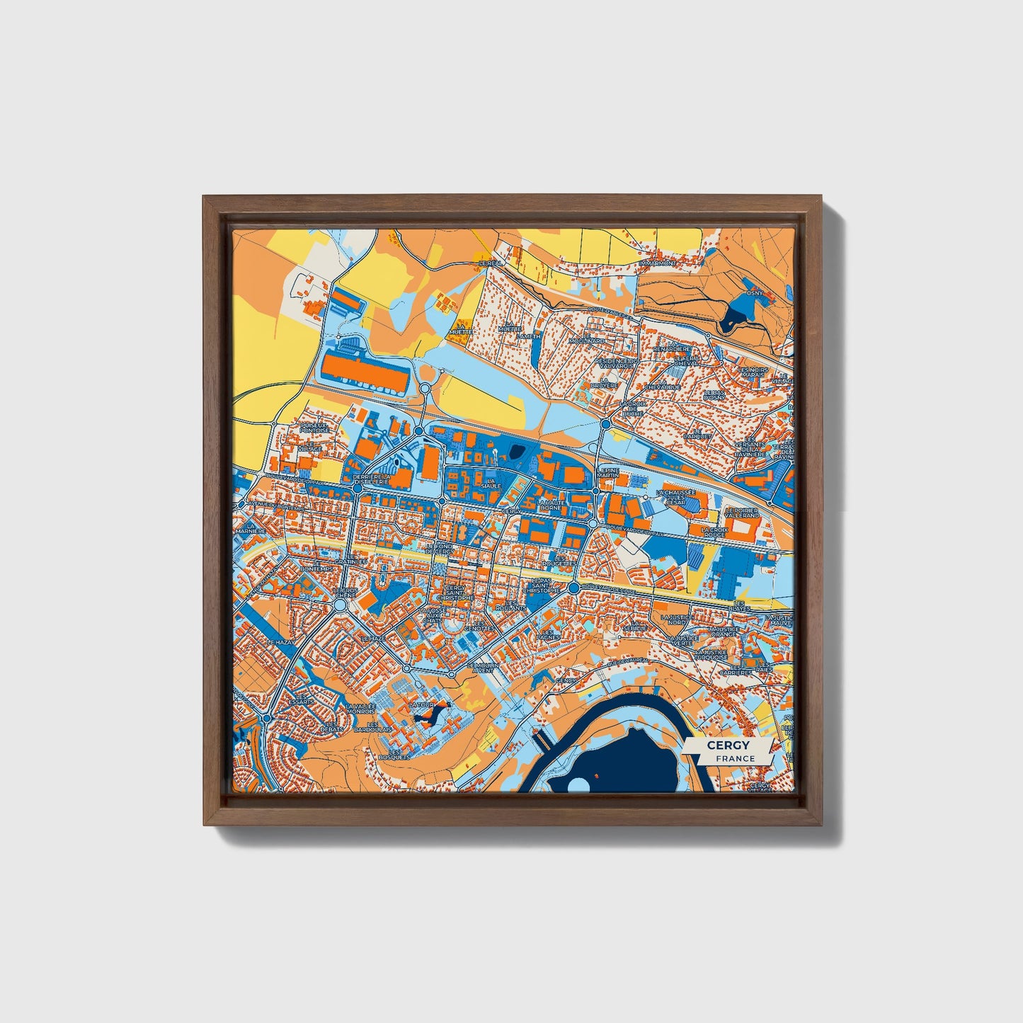 Cergy France Colorful City Map Canvas Print • Dark Wooden Framed