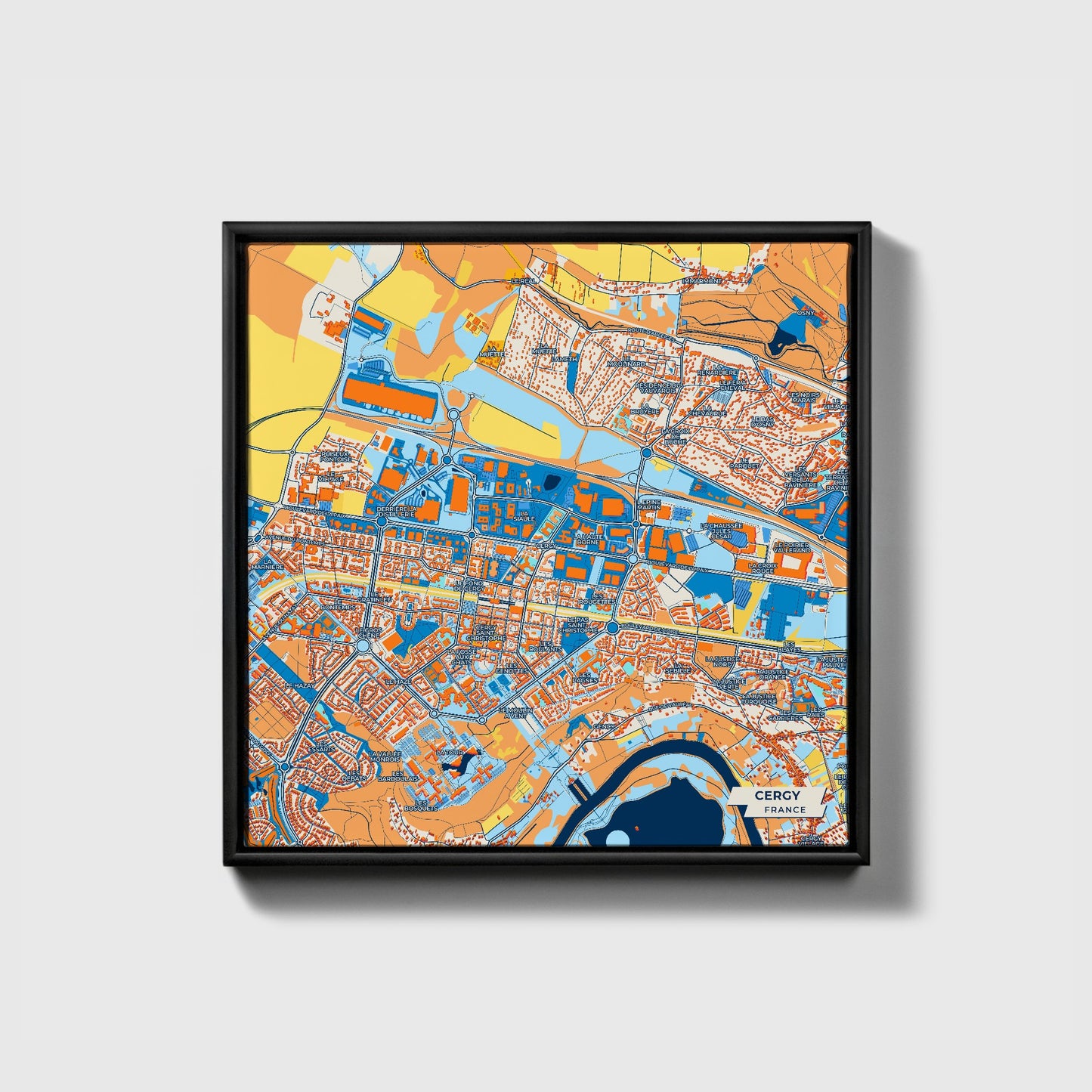 Cergy France Colorful City Map Canvas Print • Black Framed