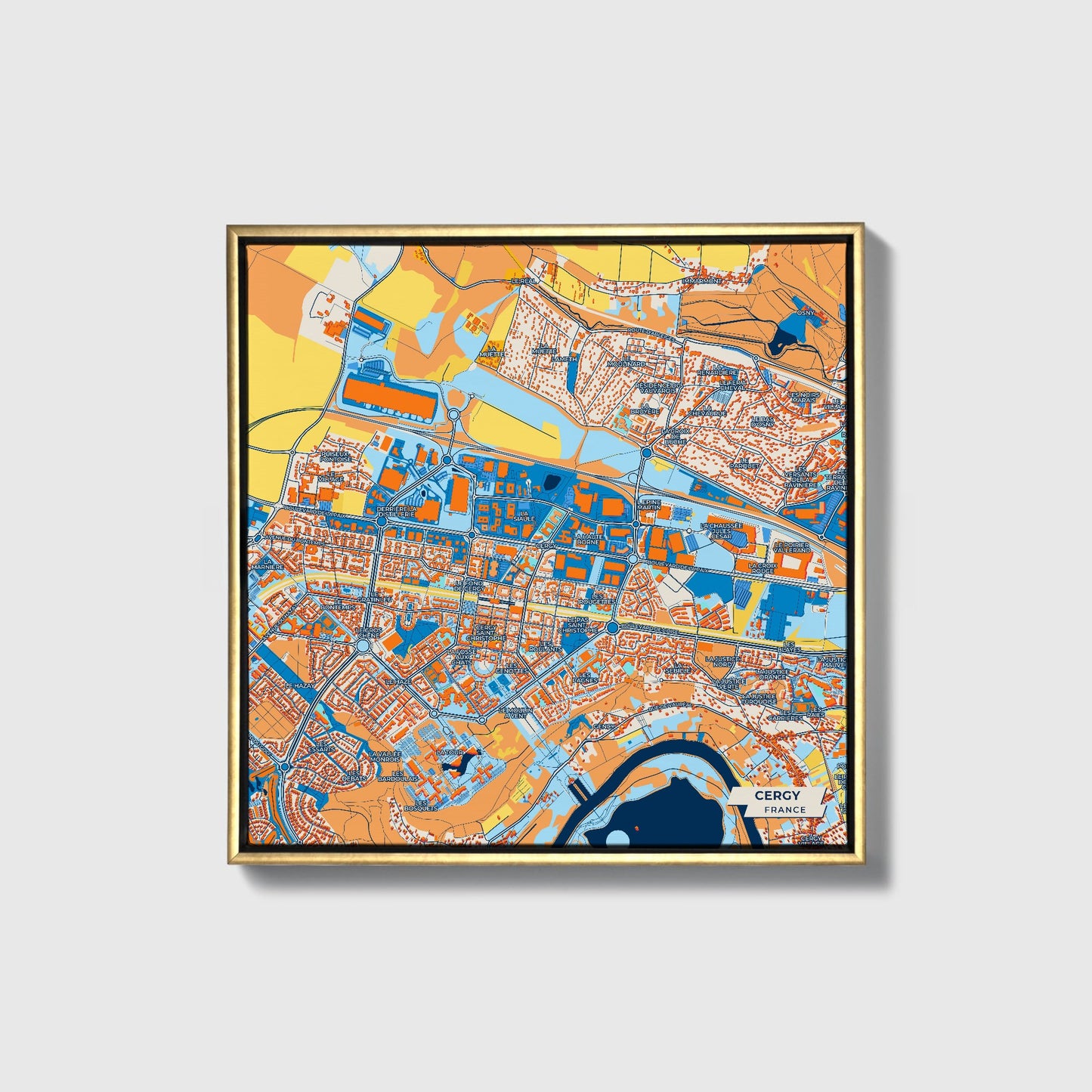 Cergy France Colorful City Map Canvas Print • Gold Framed