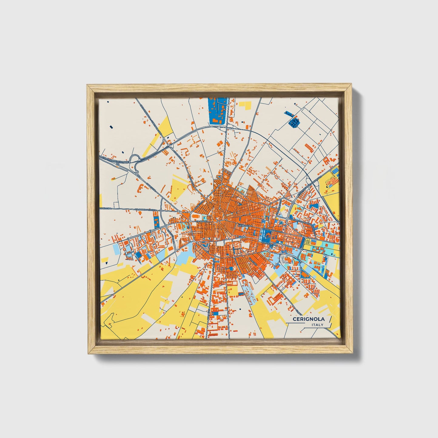 Cerignola Italy Colorful City Map Canvas Print • Natural Wooden Framed