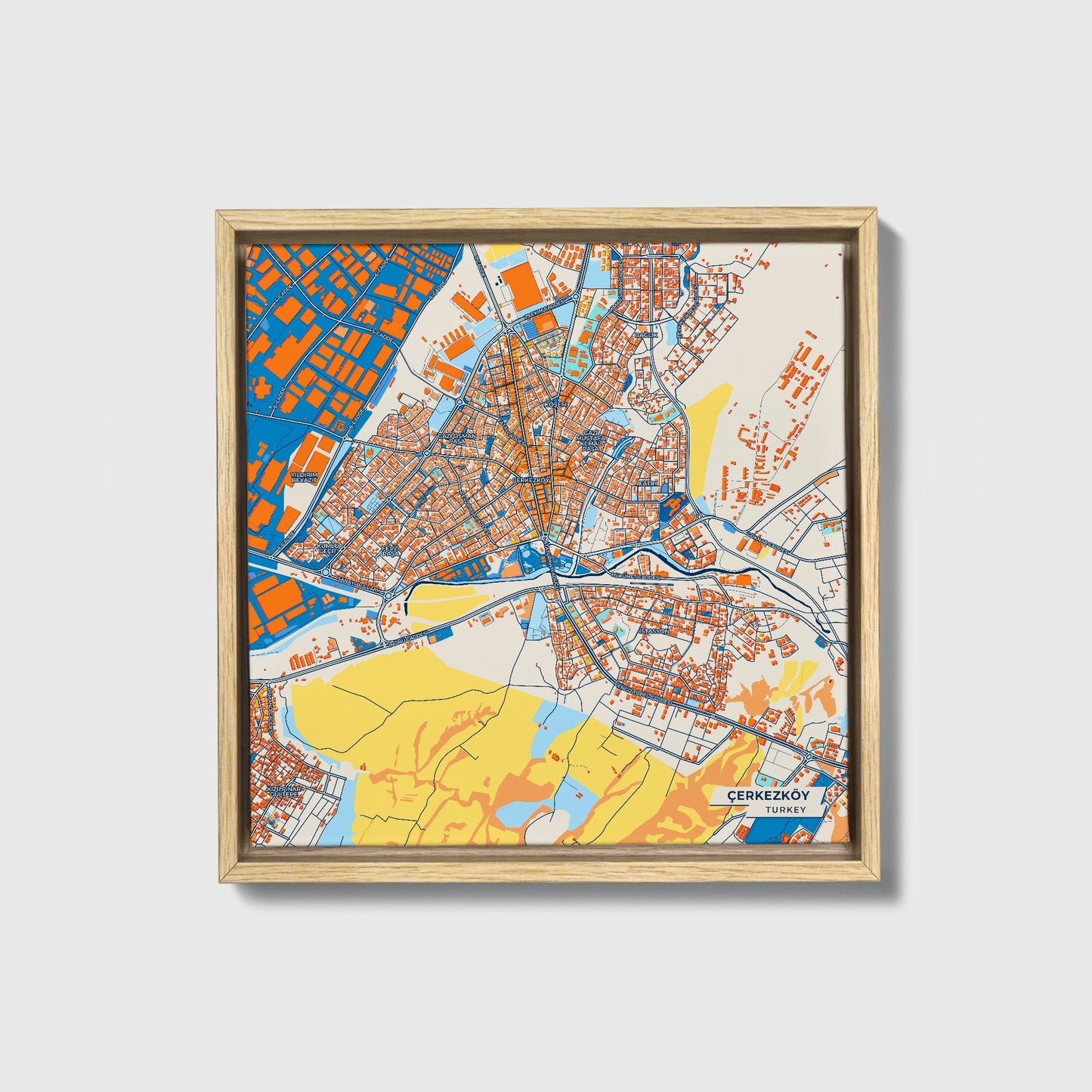 Çerkezköy Turkey Colorful City Map Canvas Print • Natural Wooden Framed