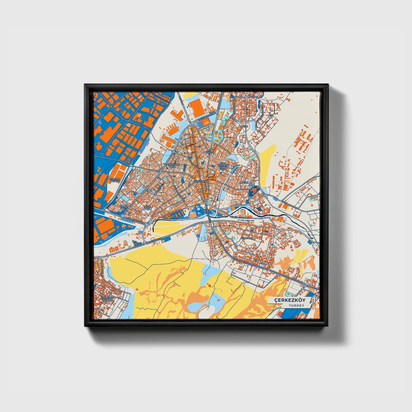Çerkezköy Turkey Colorful City Map Canvas Print • Black Framed