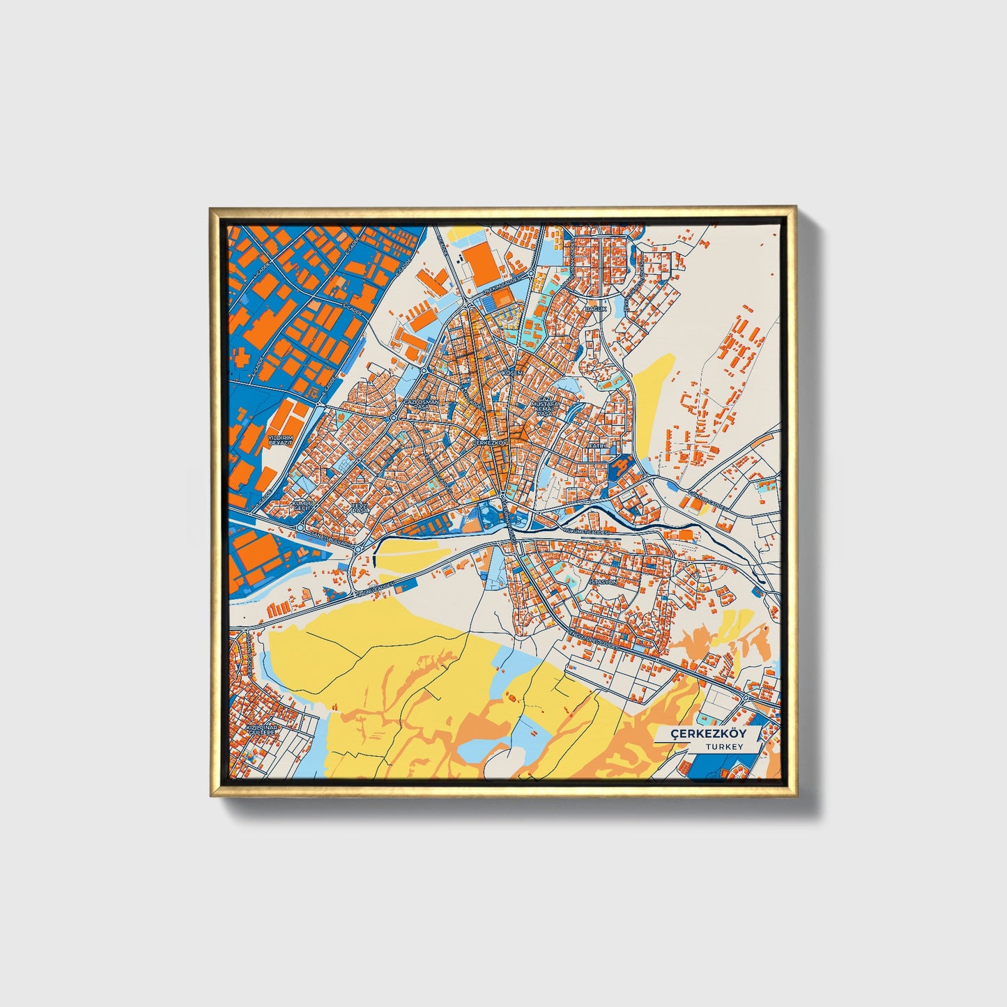Çerkezköy Turkey Colorful City Map Canvas Print • Gold Framed