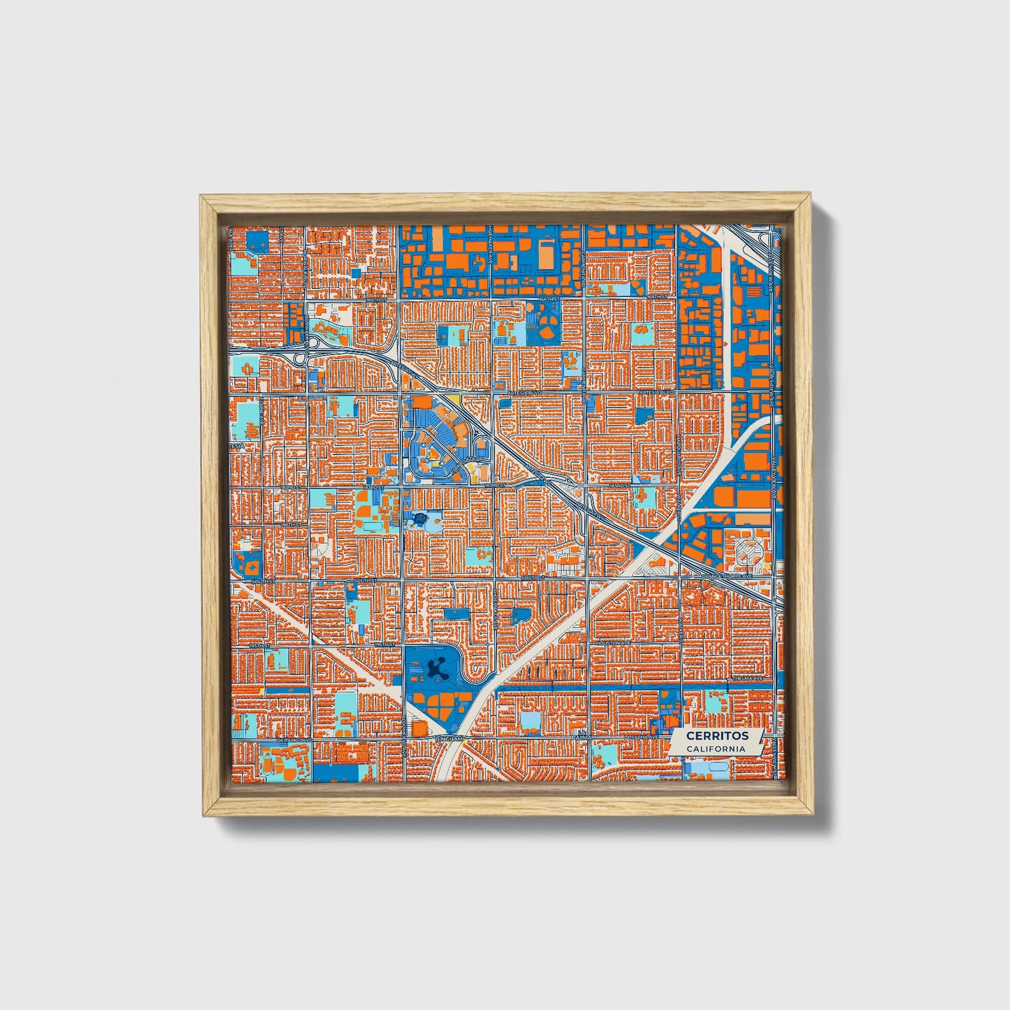 Cerritos California Colorful City Map Canvas Print • Natural Wooden Framed