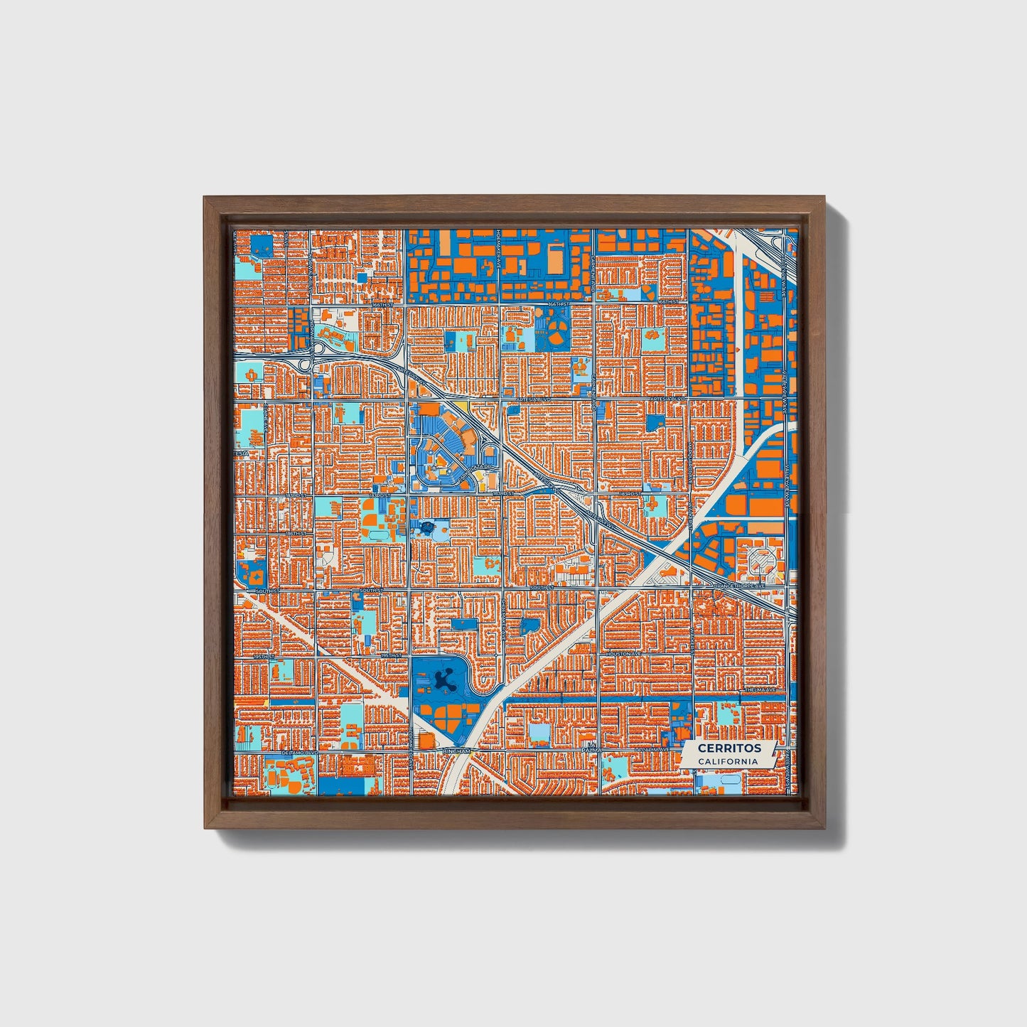 Cerritos California Colorful City Map Canvas Print • Dark Wooden Framed