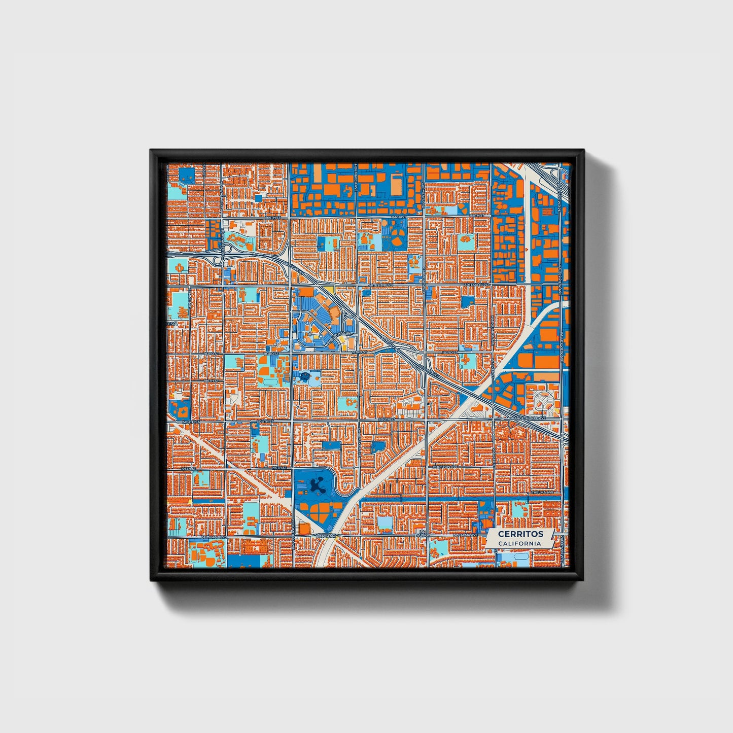 Cerritos California Colorful City Map Canvas Print • Black Framed