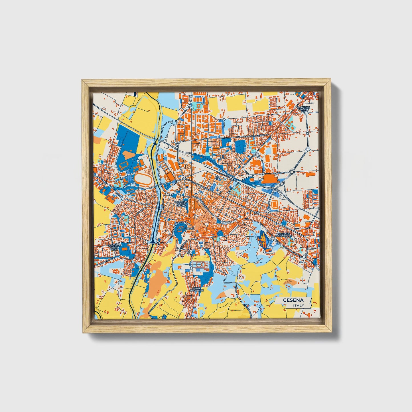 Cesena Italy Colorful City Map Canvas Print • Natural Wooden Framed