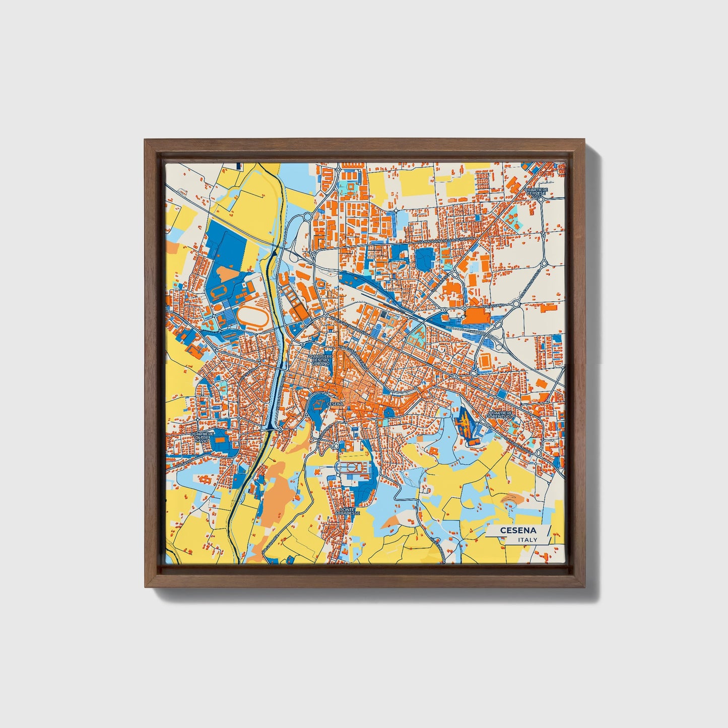 Cesena Italy Colorful City Map Canvas Print • Dark Wooden Framed