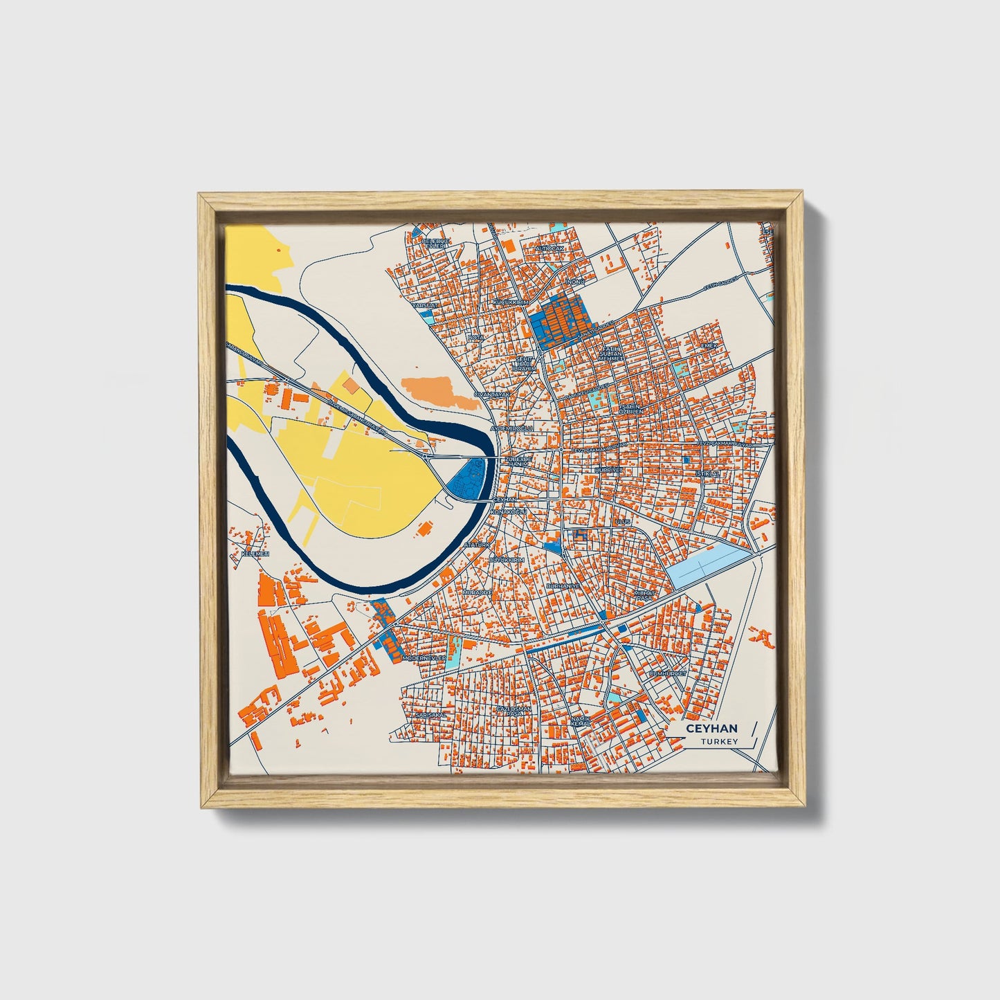 Ceyhan Turkey Colorful City Map Canvas Print • Natural Wooden Framed