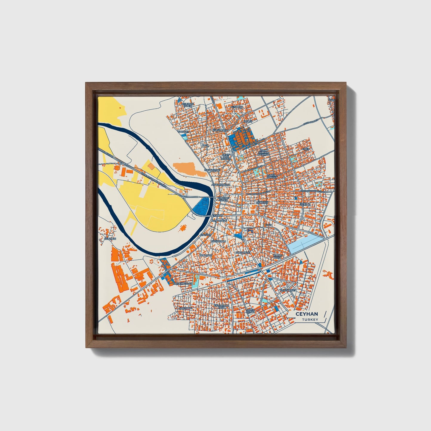 Ceyhan Turkey Colorful City Map Canvas Print • Dark Wooden Framed