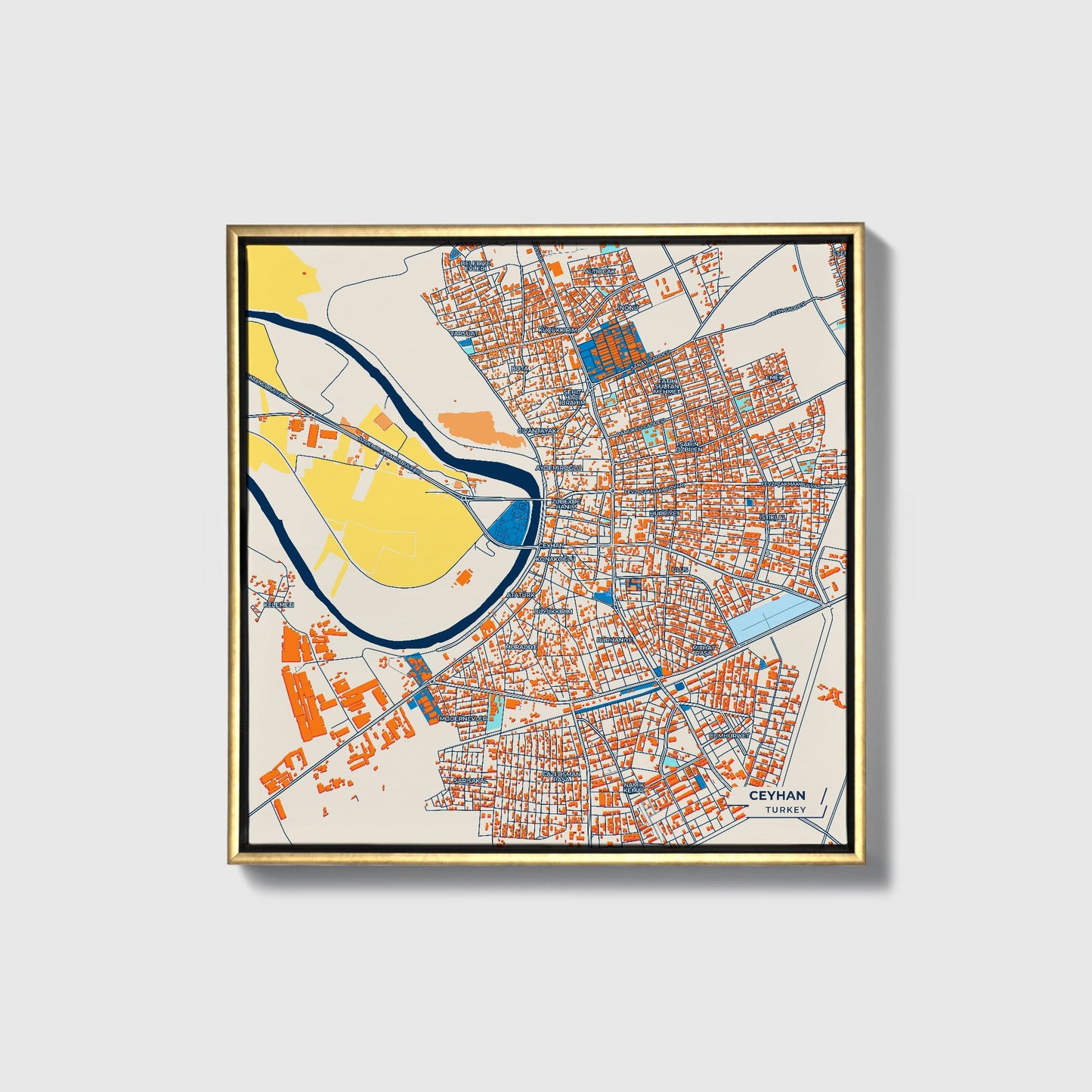 Ceyhan Turkey Colorful City Map Canvas Print • Gold Framed