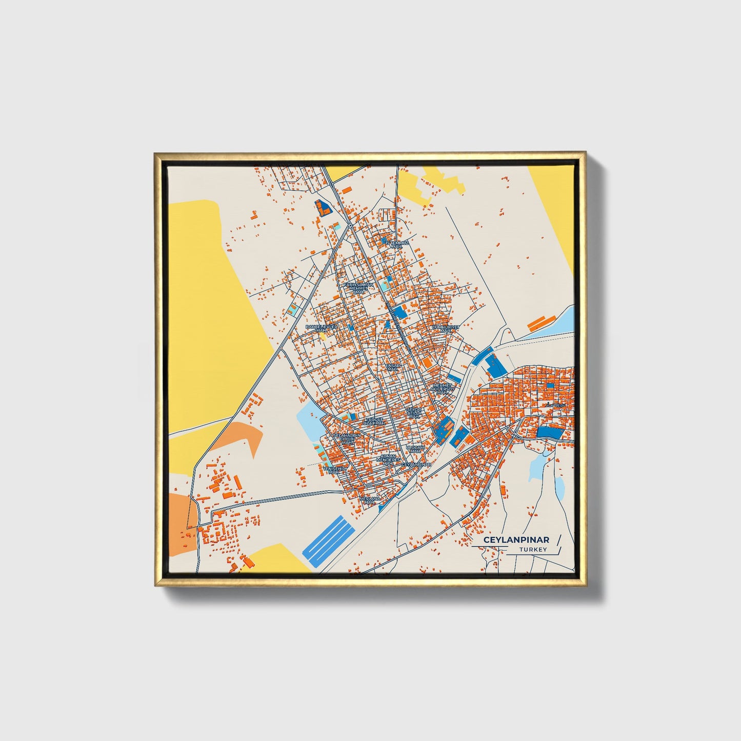 Ceylanpinar Turkey Colorful City Map Canvas Print • Gold Framed