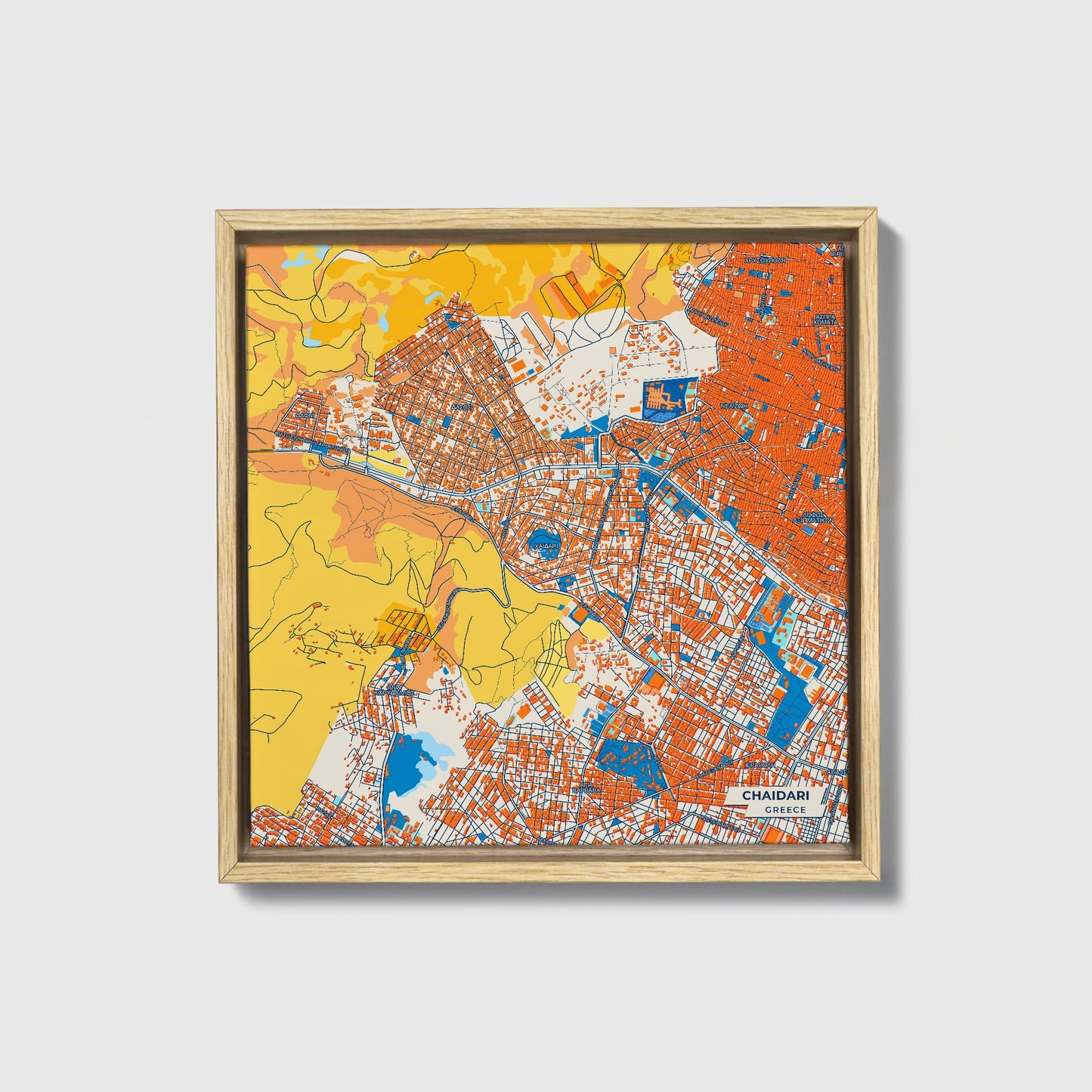 Chaidari Greece Colorful City Map Canvas Print • Natural Wooden Framed