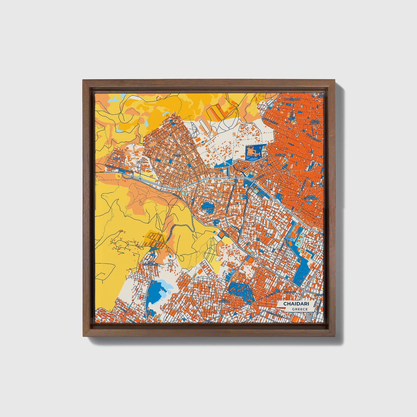 Chaidari Greece Colorful City Map Canvas Print • Dark Wooden Framed