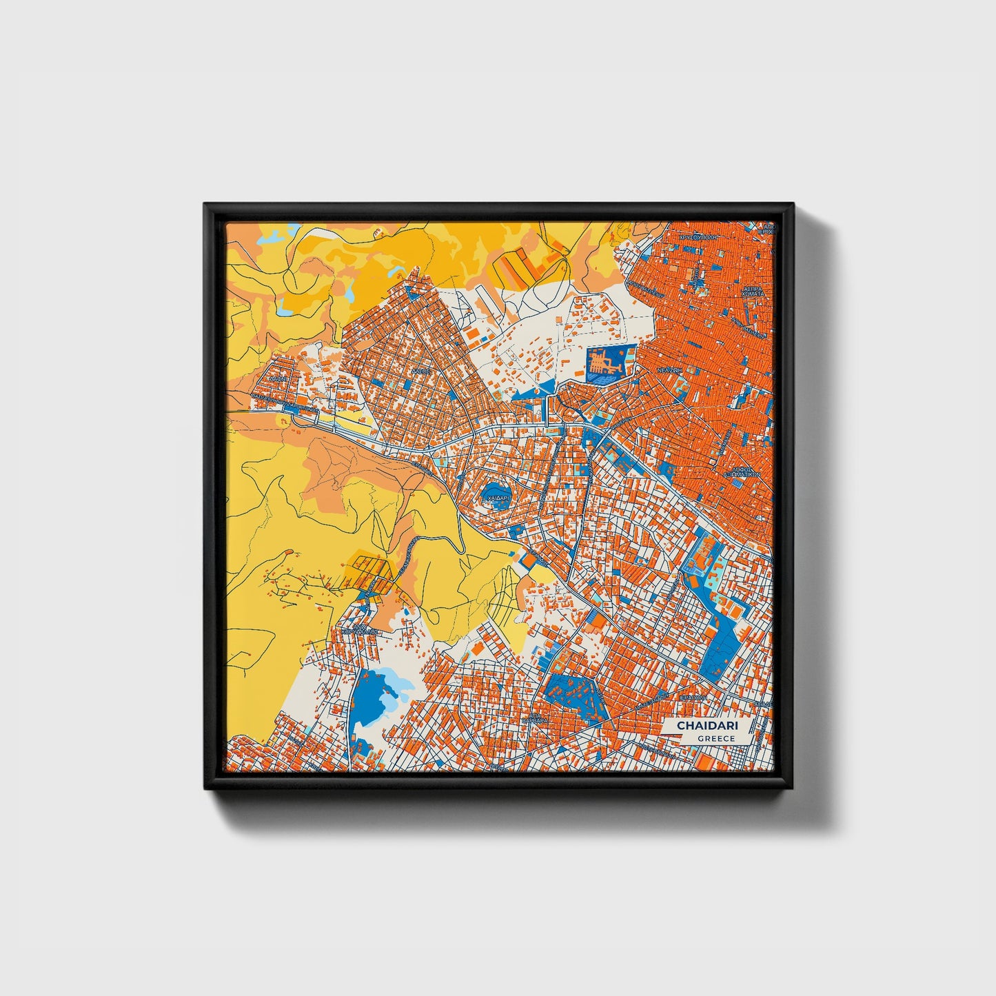 Chaidari Greece Colorful City Map Canvas Print • Black Framed