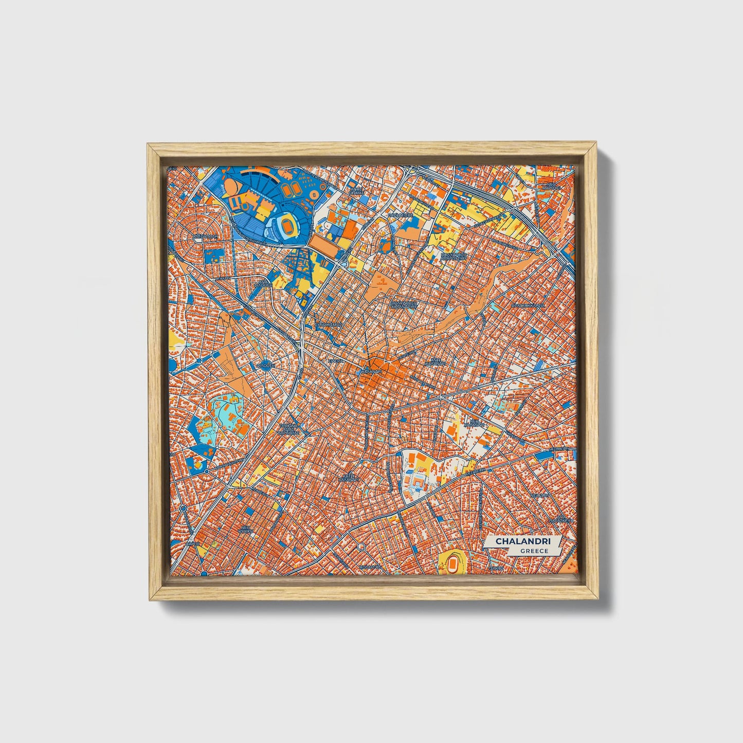 Χαλανδρι Greece Colorful City Map Canvas Print • Natural Wooden Framed