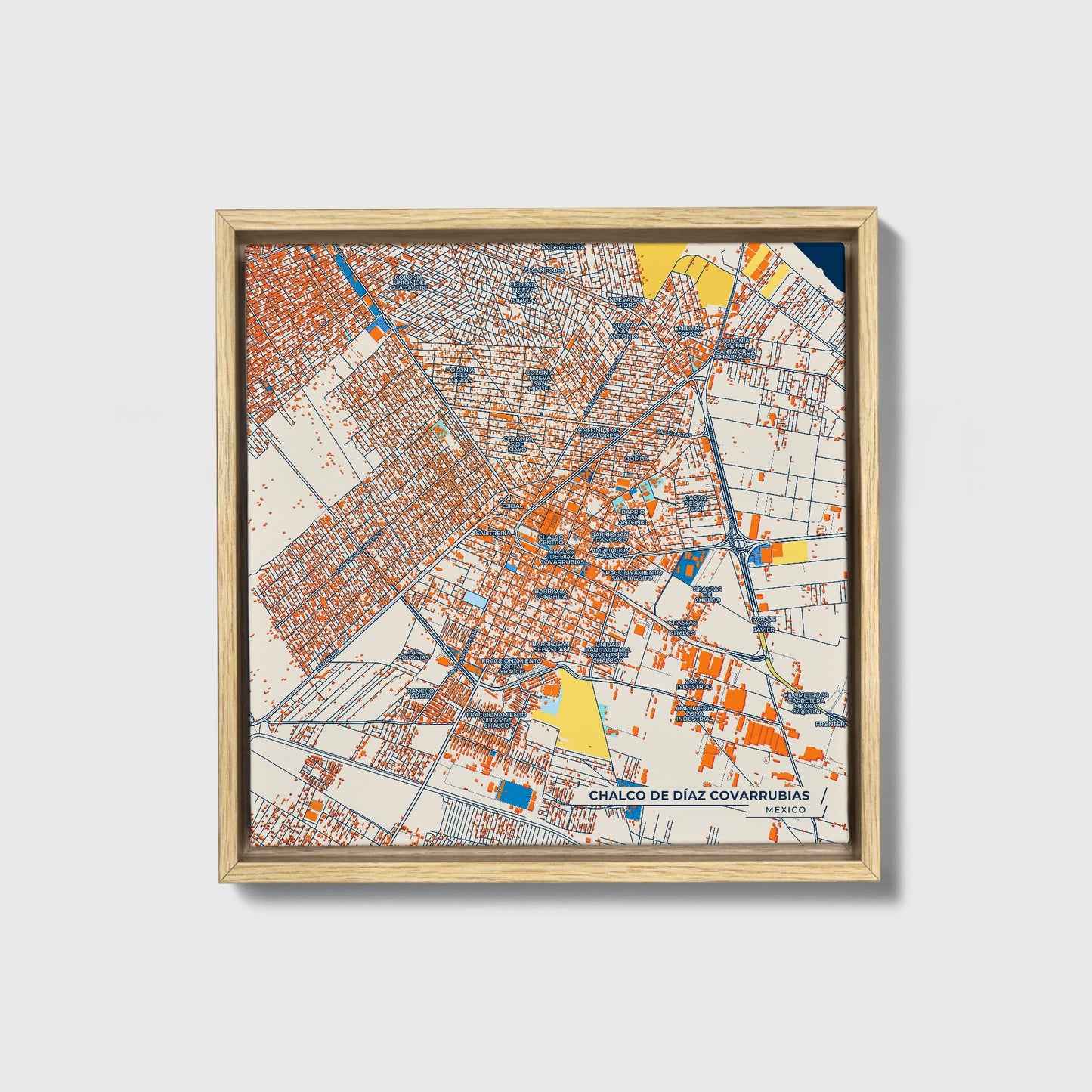 Chalco De Díaz Covarrubias Mexico Colorful City Map Canvas Print • Natural Wooden Framed