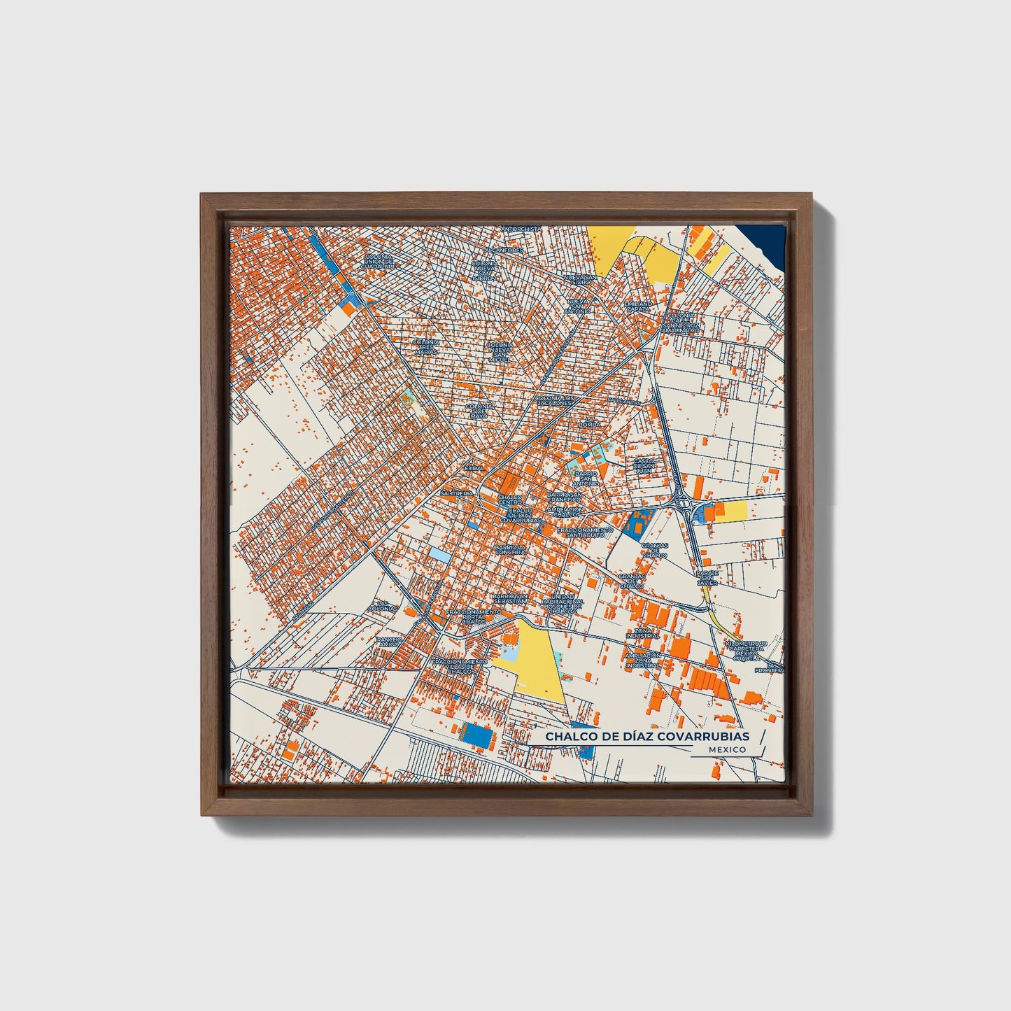 Chalco De Díaz Covarrubias Mexico Colorful City Map Canvas Print • Dark Wooden Framed
