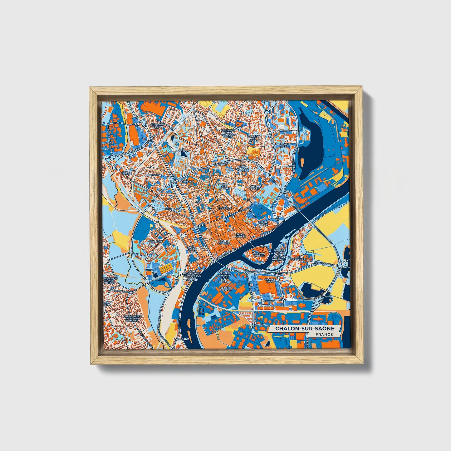 Chalon-Sur-Saône France Colorful City Map Canvas Print • Natural Wooden Framed