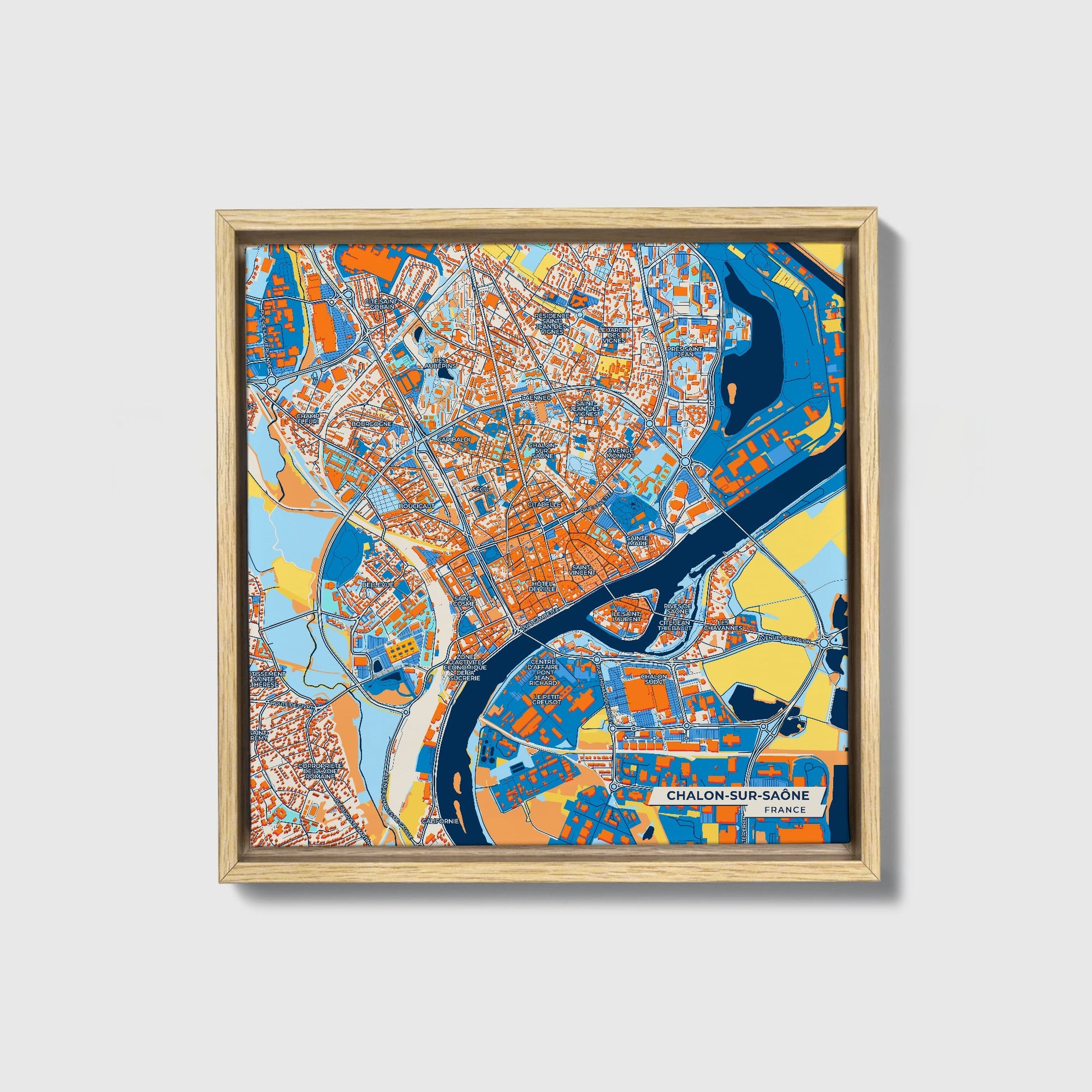 Chalon-Sur-Saône France Colorful City Map Canvas Print • Natural Wooden Framed