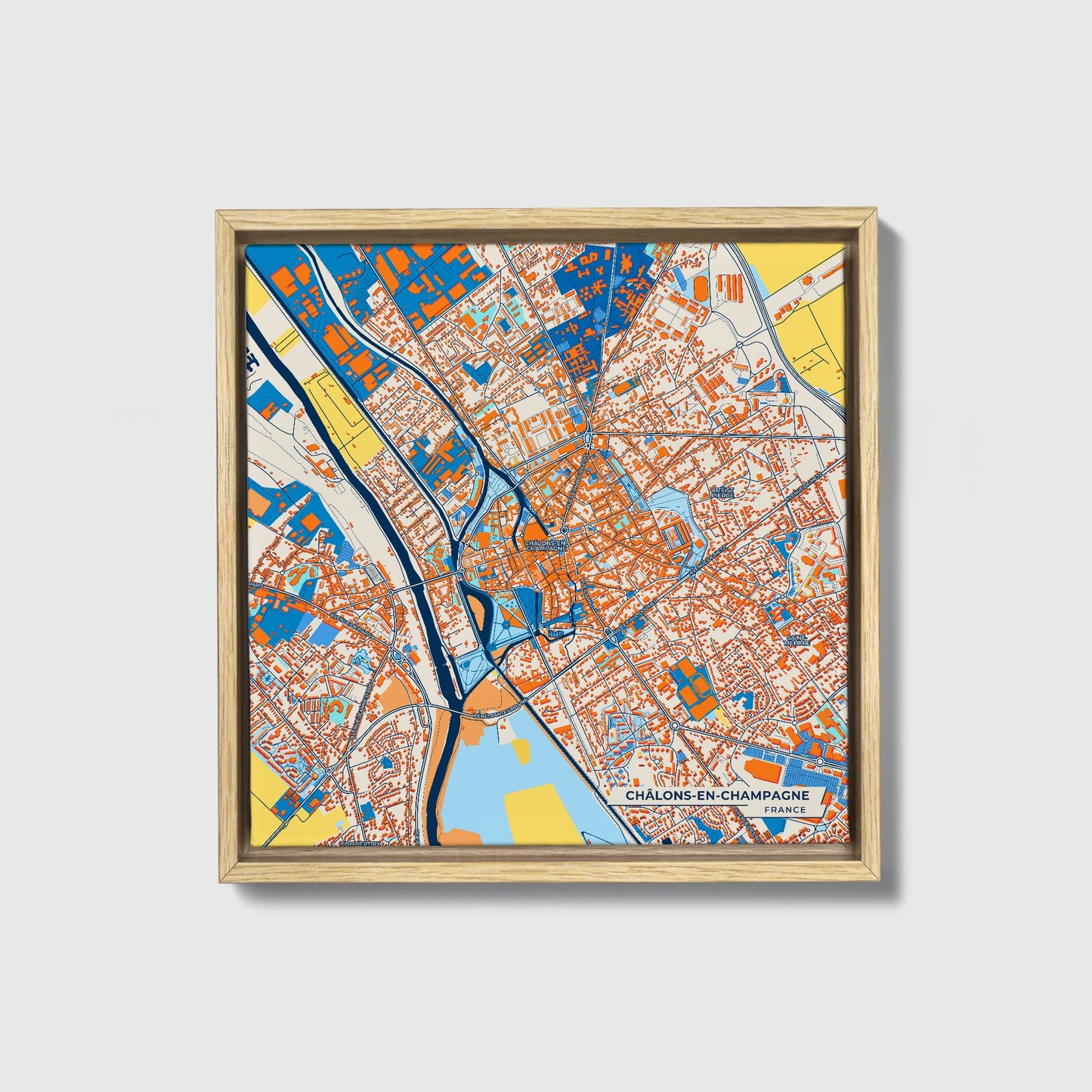 Châlons-En-Champagne France Colorful City Map Canvas Print • Natural Wooden Framed