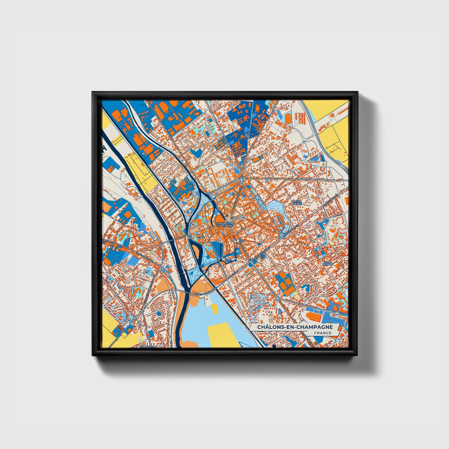 Châlons-En-Champagne France Colorful City Map Canvas Print • Black Framed