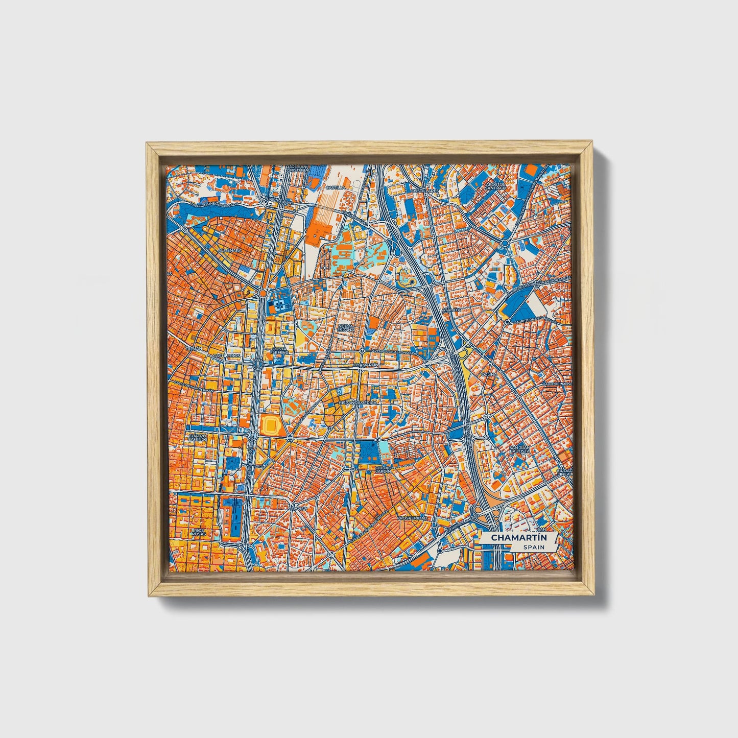 Chamartín Spain Colorful City Map Canvas Print • Natural Wooden Framed
