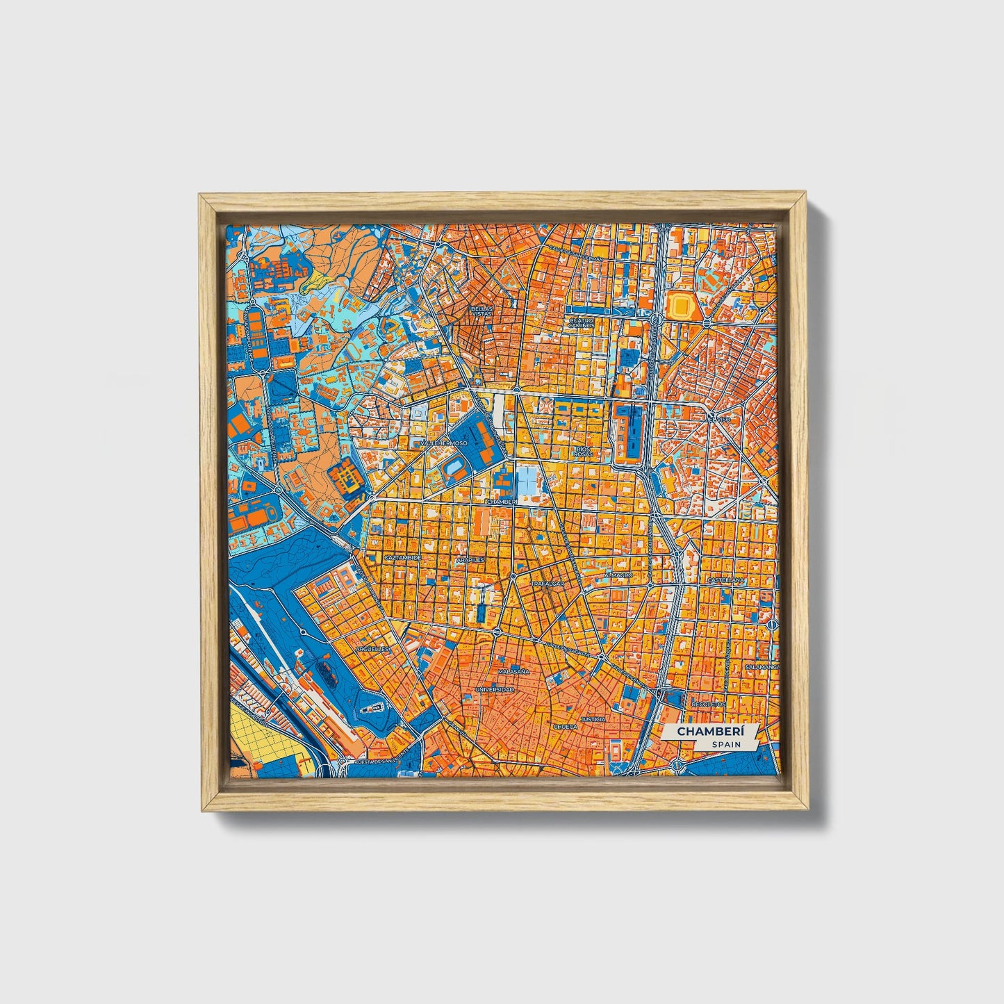 Chamberí Spain Colorful City Map Canvas Print • Natural Wooden Framed