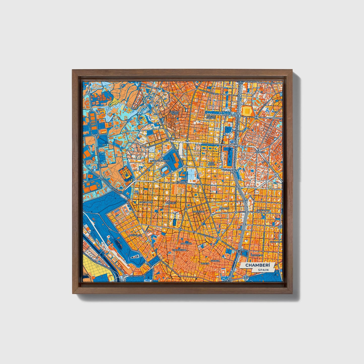 Chamberí Spain Colorful City Map Canvas Print • Dark Wooden Framed