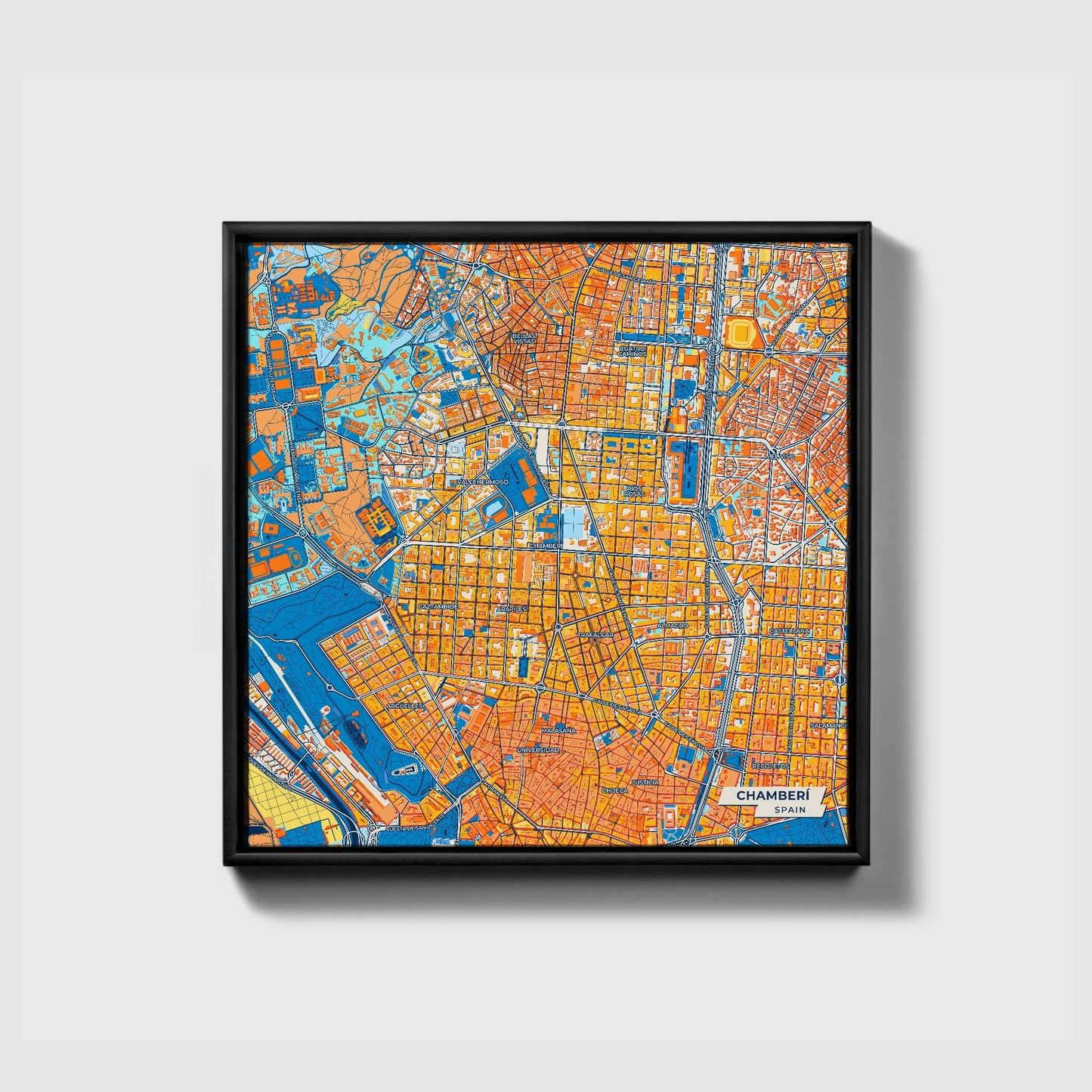Chamberí Spain Colorful City Map Canvas Print • Black Framed