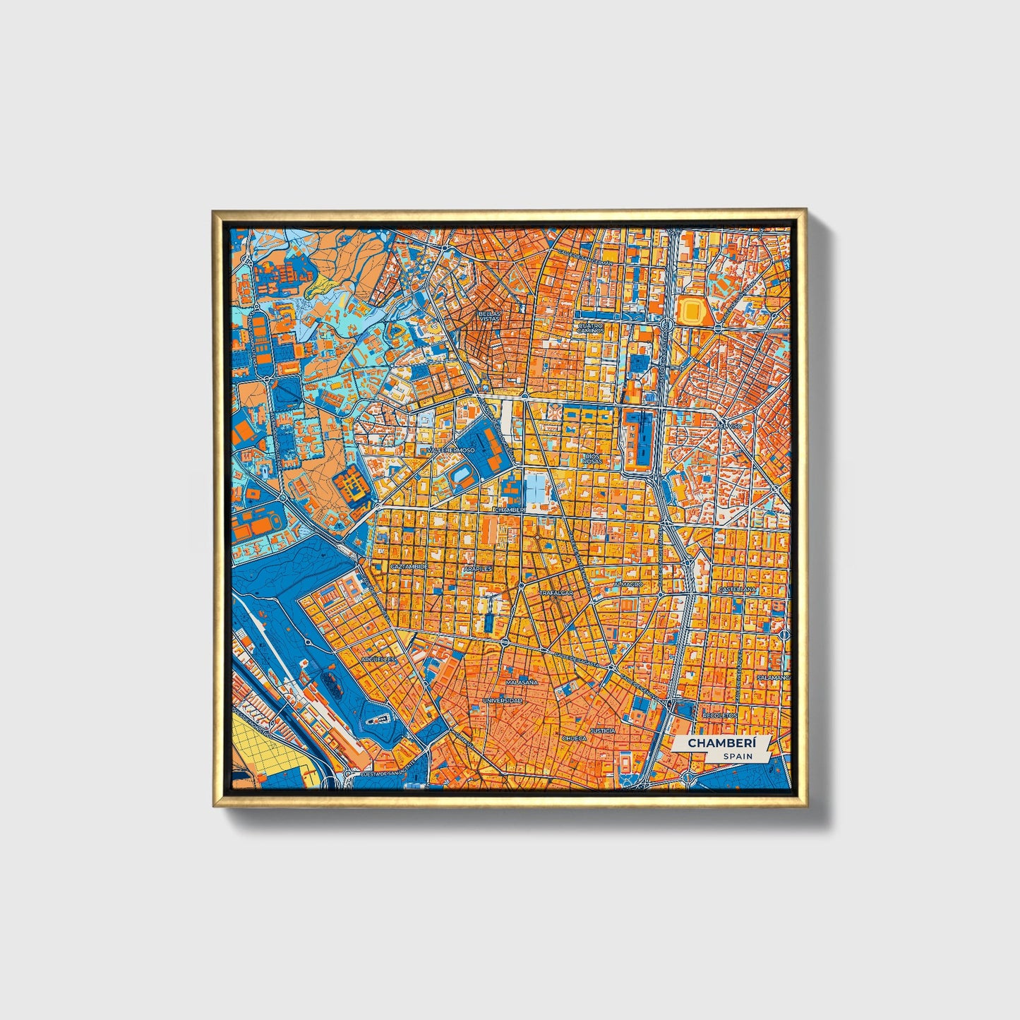 Chamberí Spain Colorful City Map Canvas Print • Gold Framed
