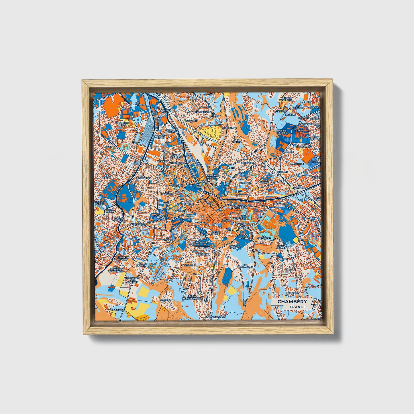 Chambéry France Colorful City Map Canvas Print • Natural Wooden Framed