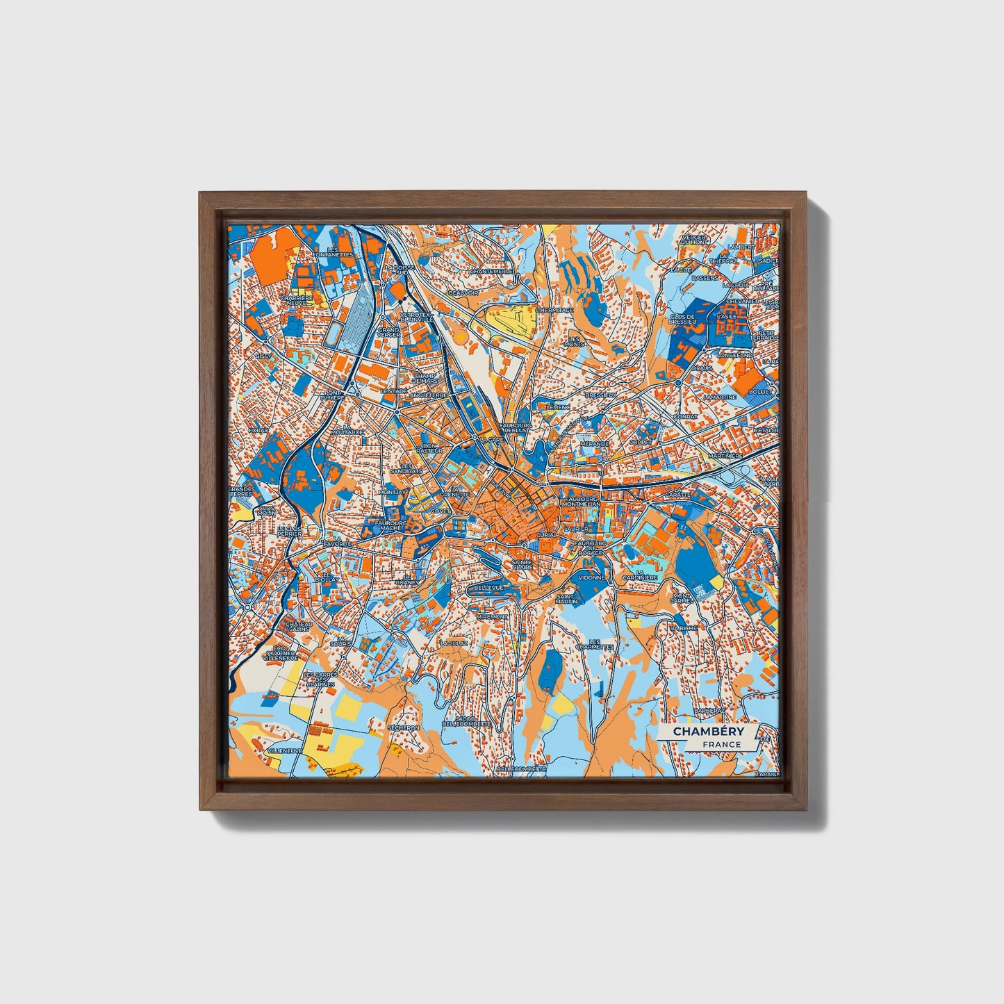 Chambéry France Colorful City Map Canvas Print • Dark Wooden Framed