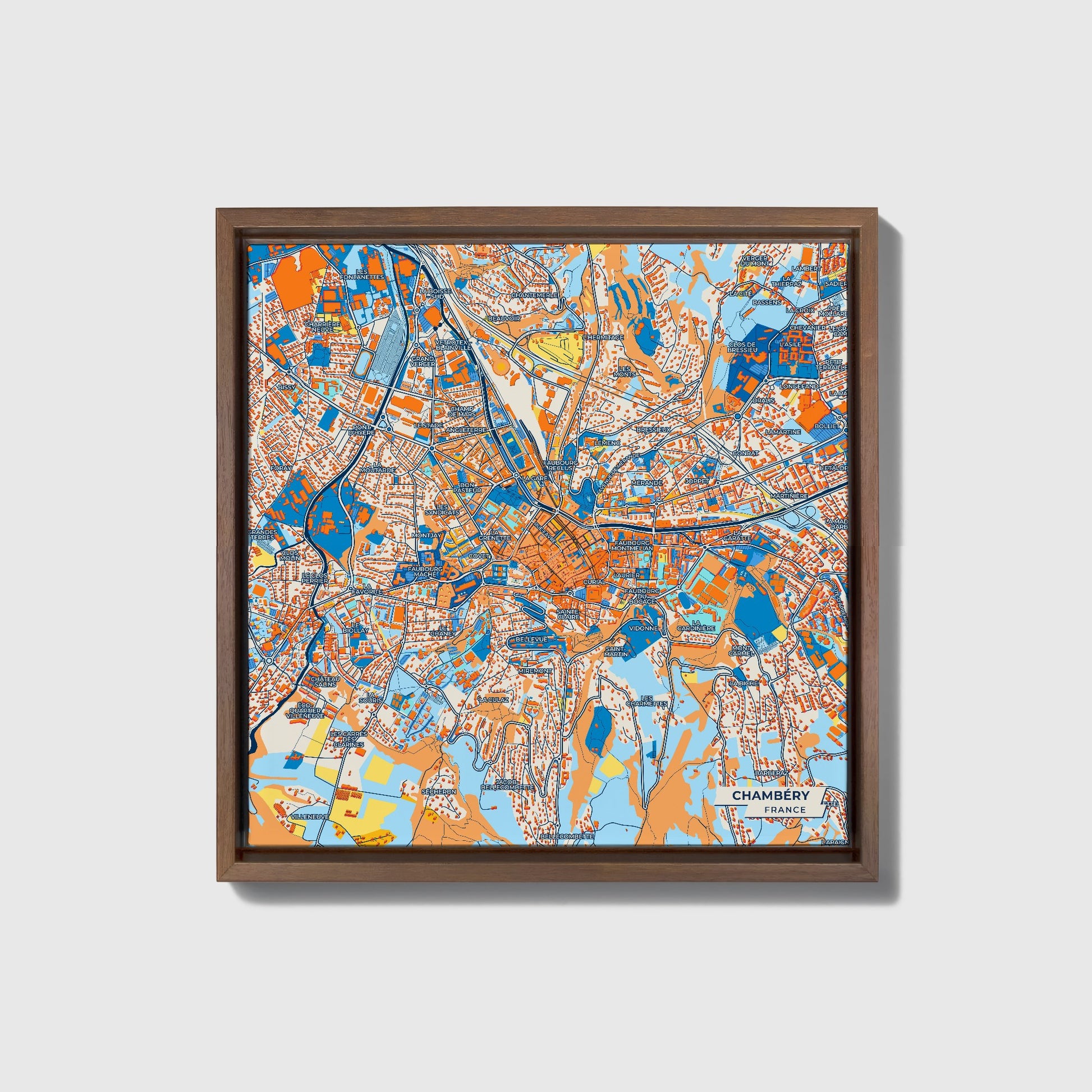 Chambéry France Colorful City Map Canvas Print • Dark Wooden Framed