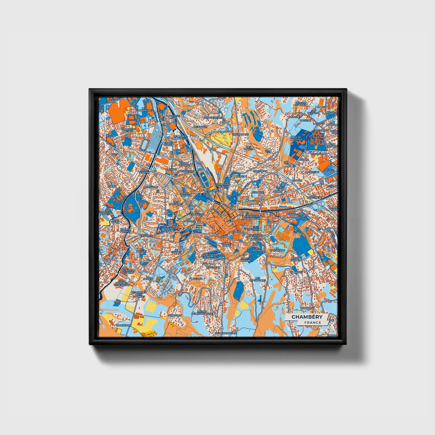 Chambéry France Colorful City Map Canvas Print • Black Framed