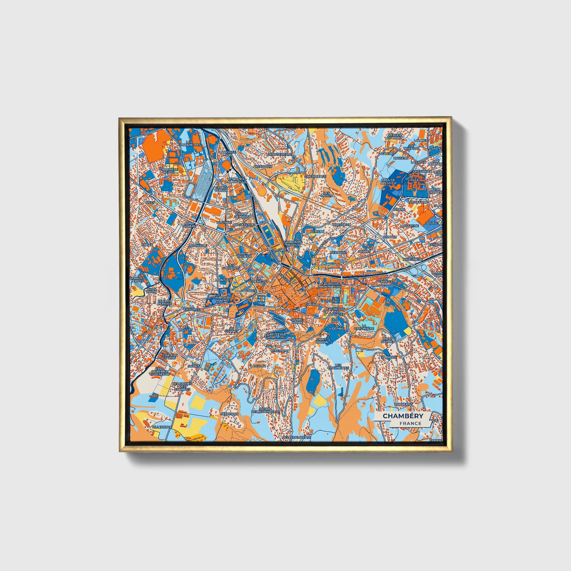 Chambéry France Colorful City Map Canvas Print • Gold Framed