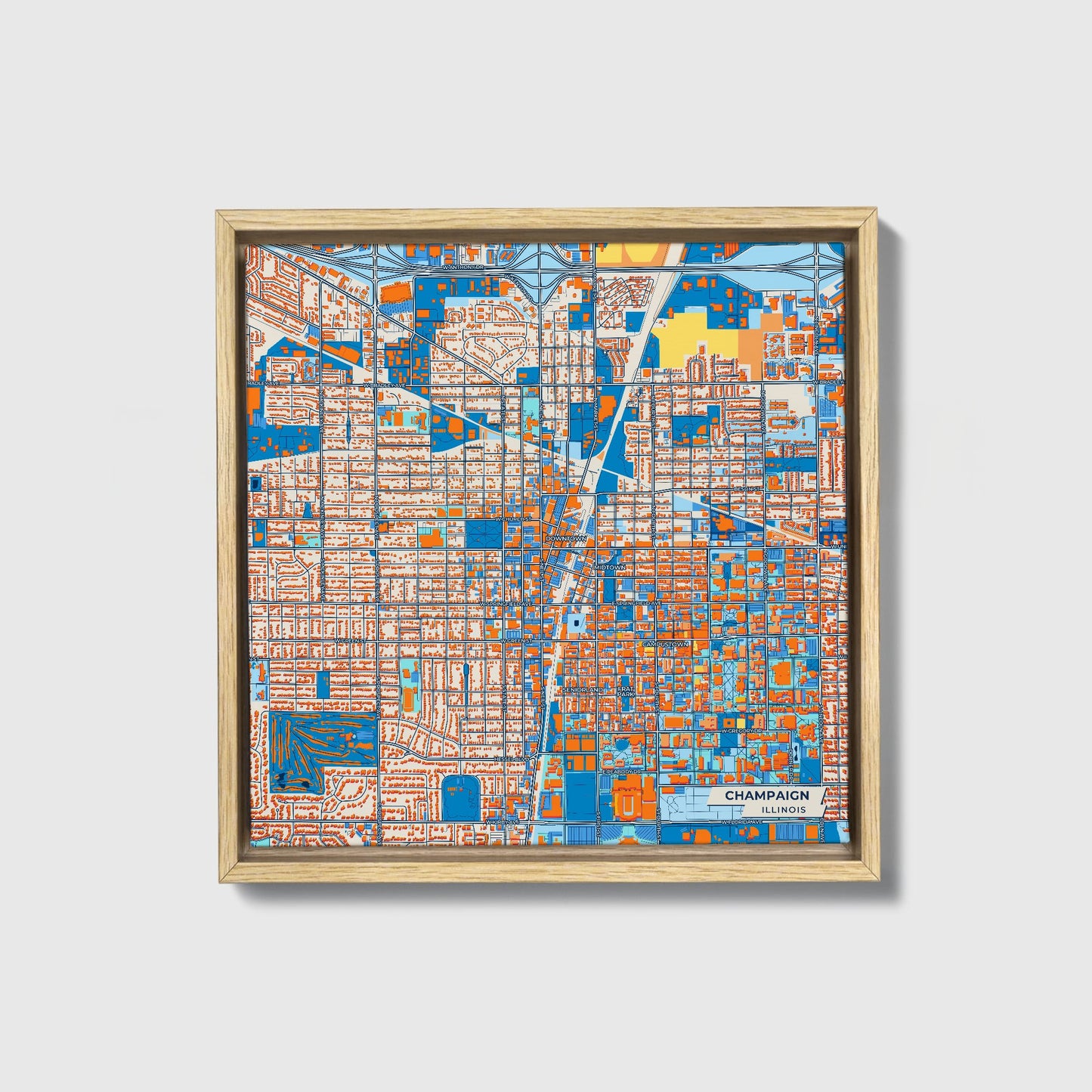 Champaign Illinois Colorful City Map Canvas Print • Natural Wooden Framed