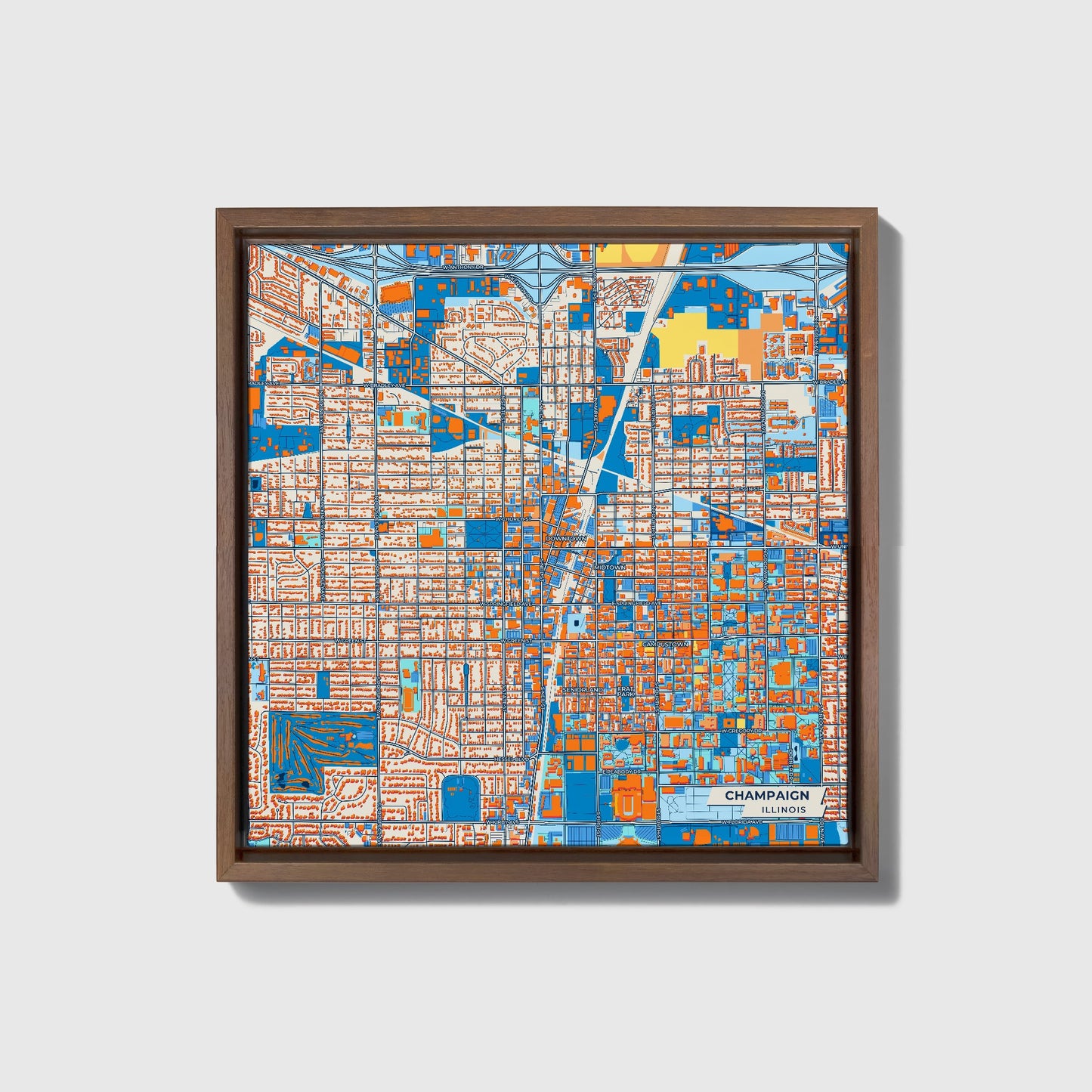 Champaign Illinois Colorful City Map Canvas Print • Dark Wooden Framed
