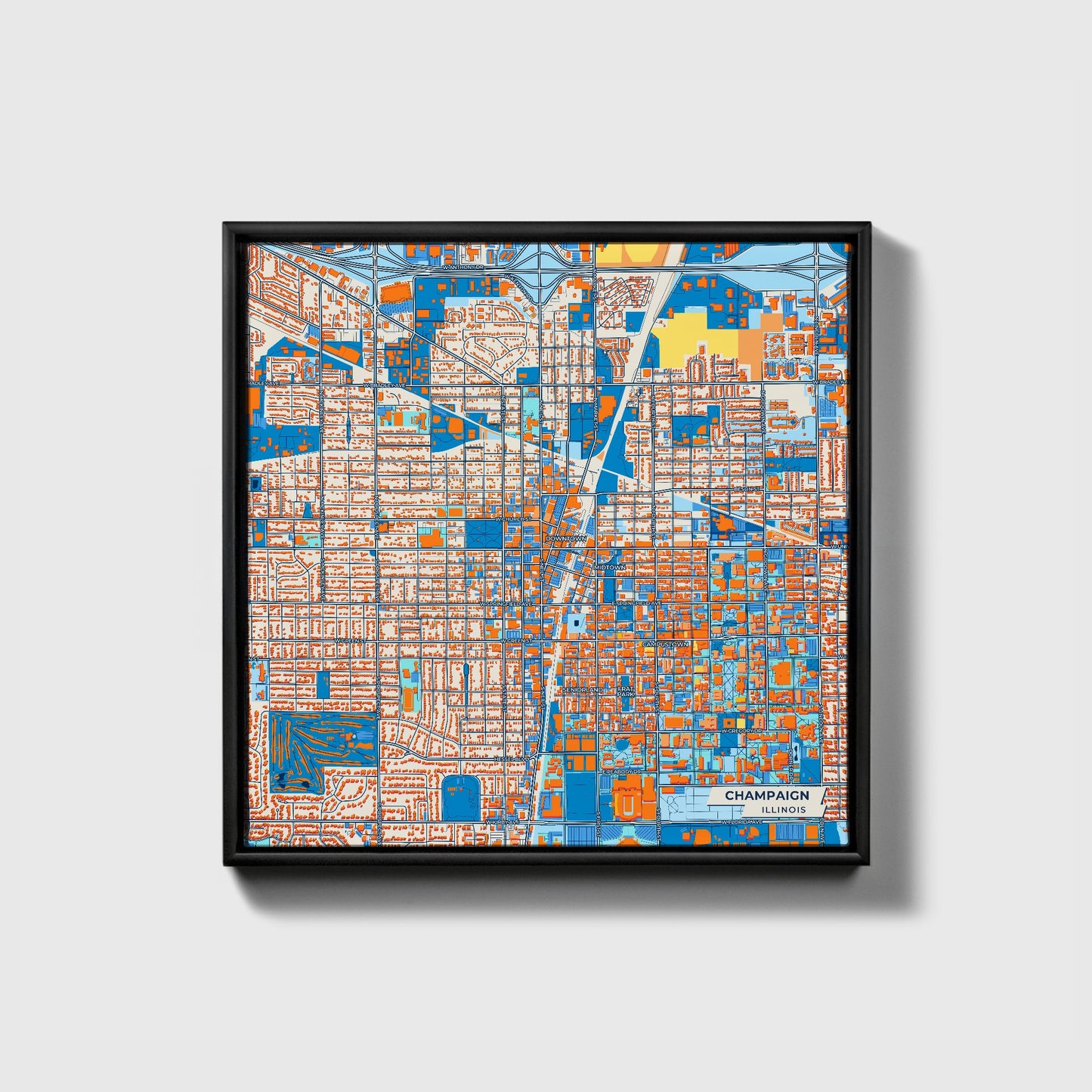 Champaign Illinois Colorful City Map Canvas Print • Black Framed