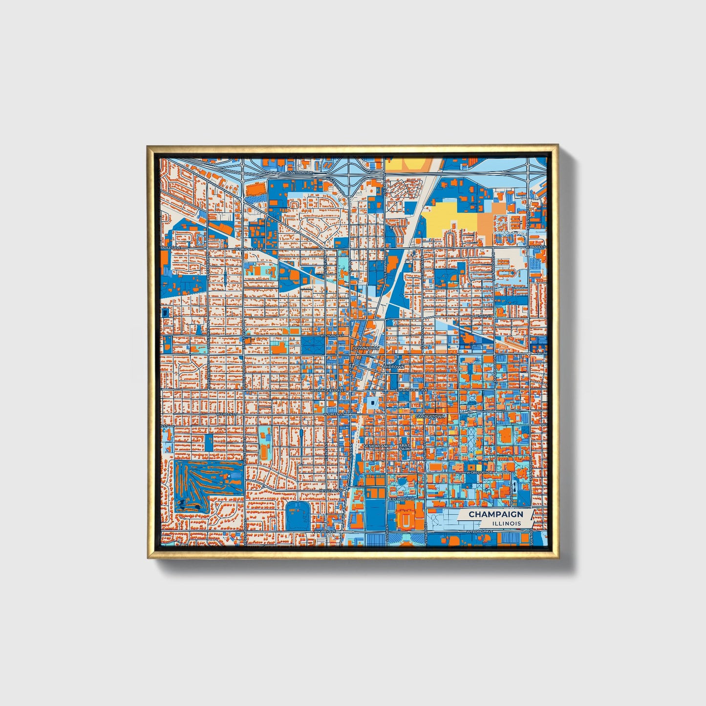 Champaign Illinois Colorful City Map Canvas Print • Gold Framed