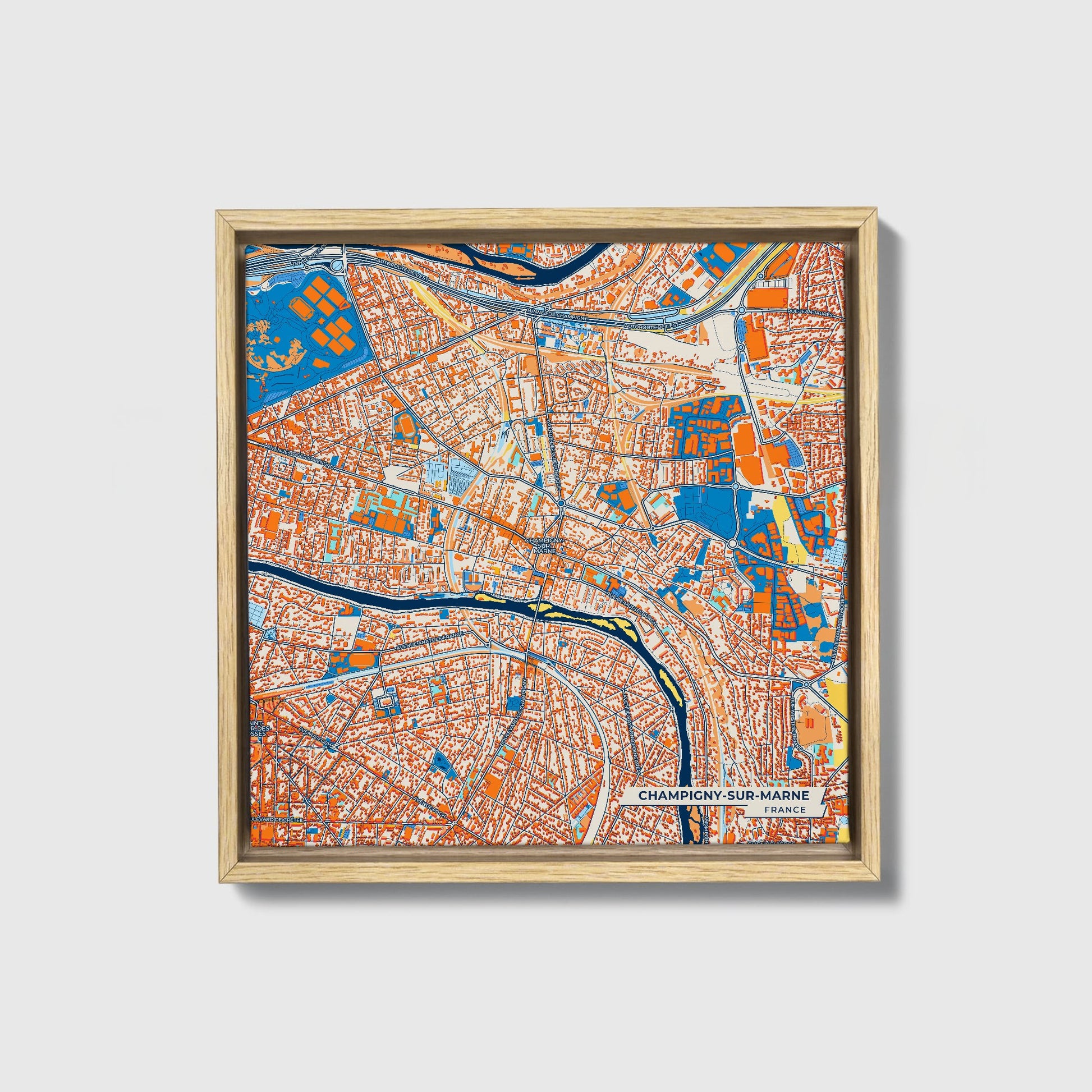 Champigny-Sur-Marne France Colorful City Map Canvas Print • Natural Wooden Framed