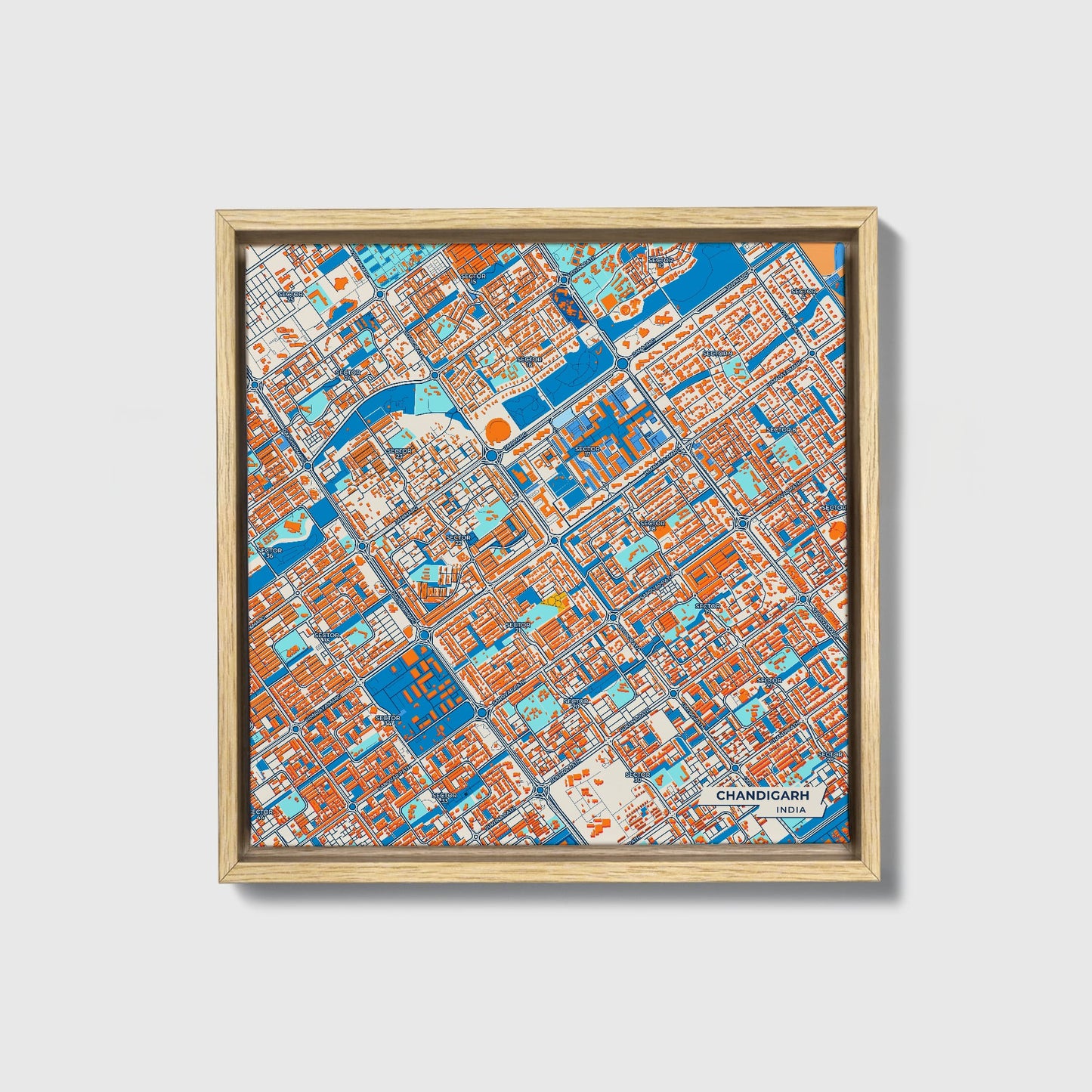 Chandigarh India Colorful City Map Canvas Print • Natural Wooden Framed