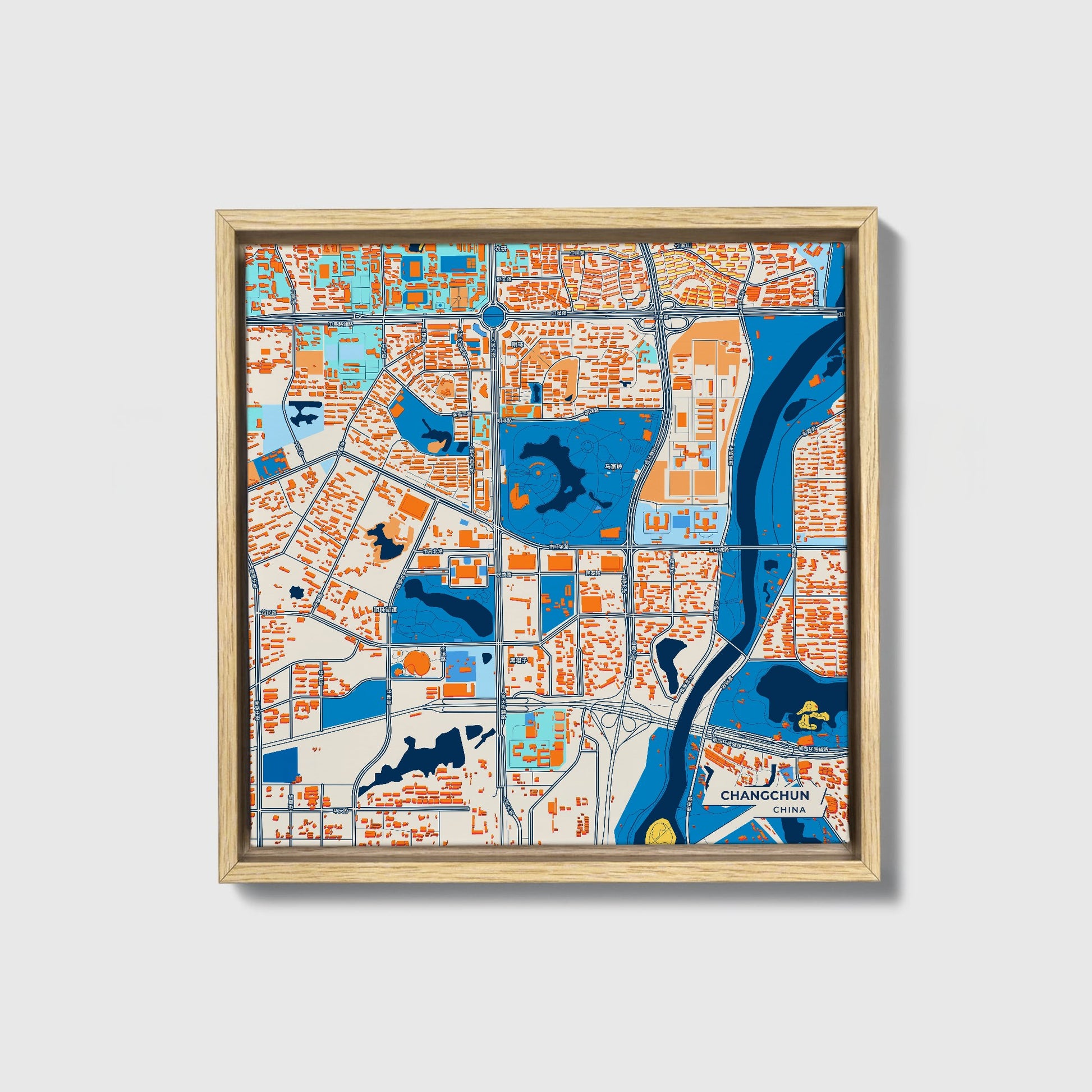 Changchun China Colorful City Map Canvas Print • Natural Wooden Framed