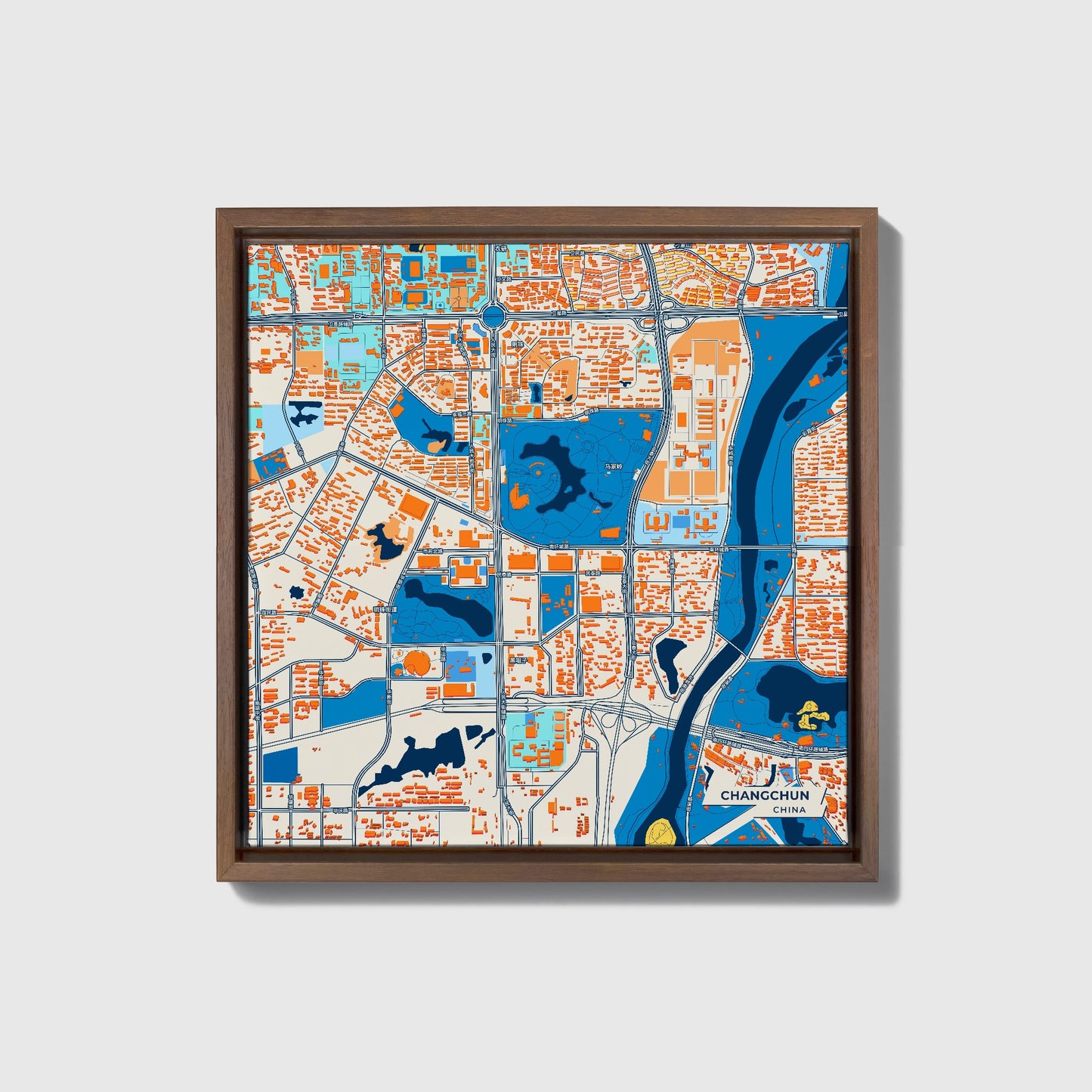 Changchun China Colorful City Map Canvas Print • Dark Wooden Framed