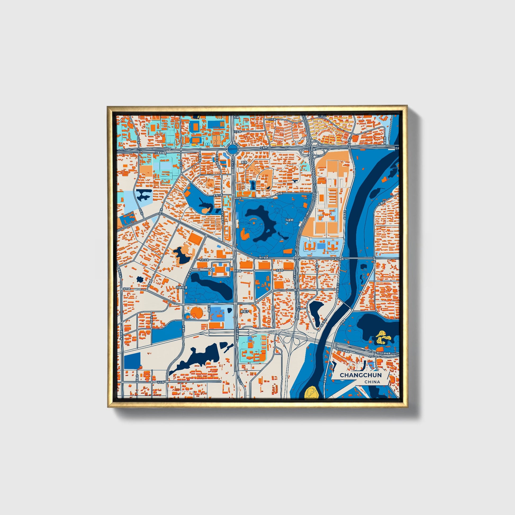 Changchun China Colorful City Map Canvas Print • Gold Framed