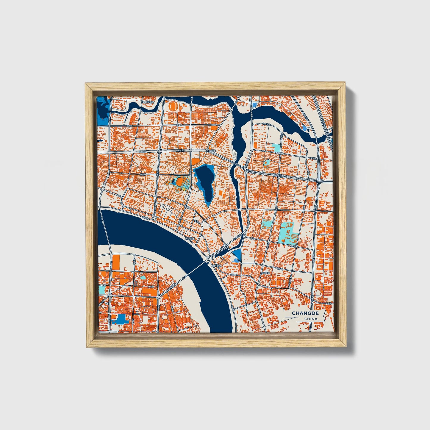 Changde China Colorful City Map Canvas Print • Natural Wooden Framed