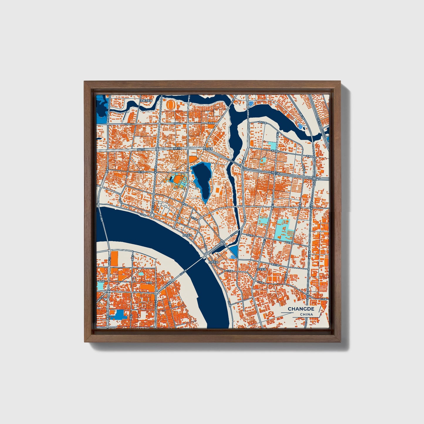 Changde China Colorful City Map Canvas Print • Dark Wooden Framed