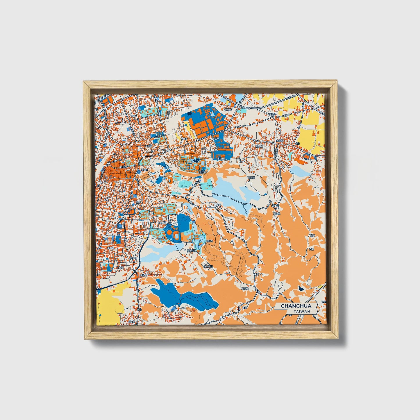 Changhua Taiwan Colorful City Map Canvas Print • Natural Wooden Framed