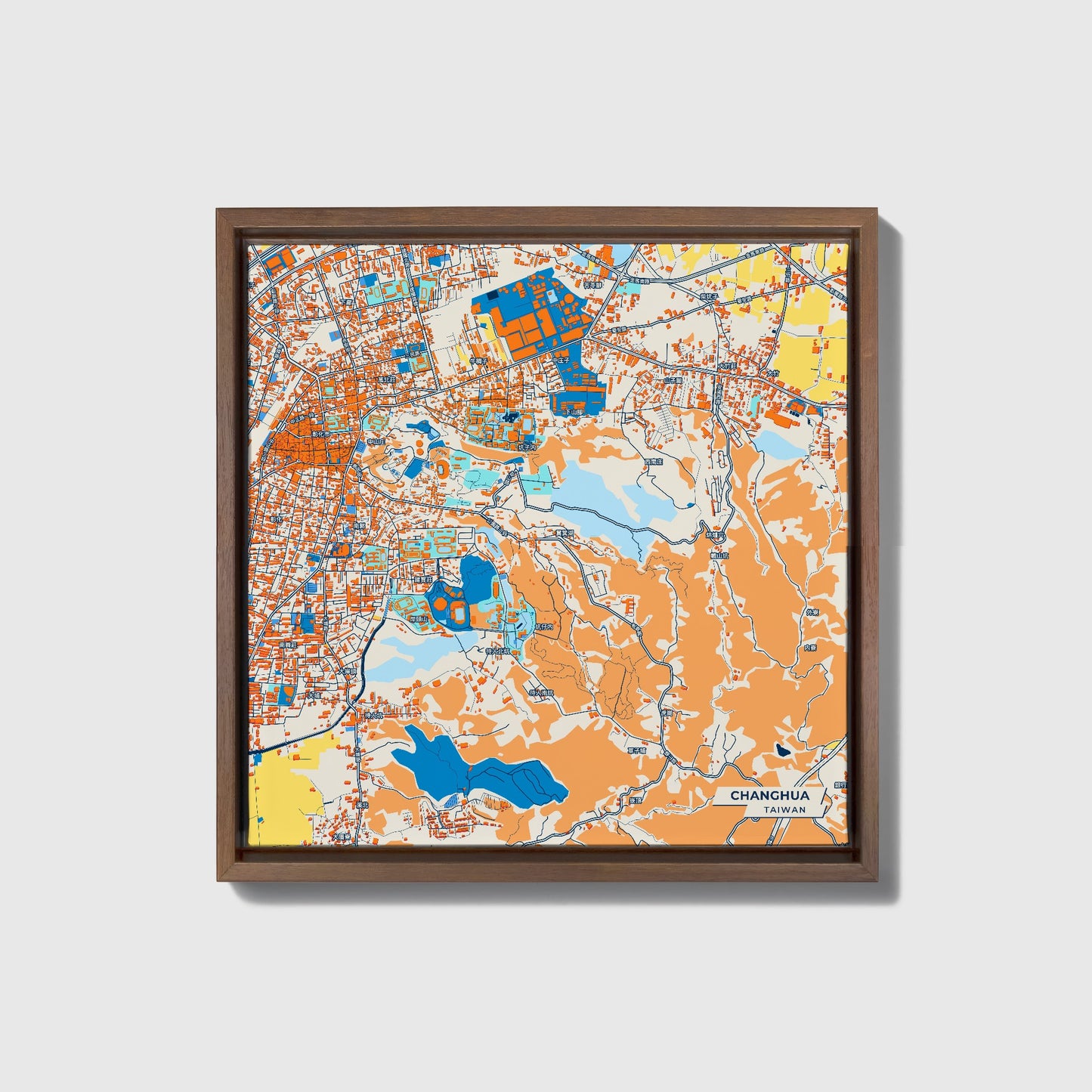 Changhua Taiwan Colorful City Map Canvas Print • Dark Wooden Framed